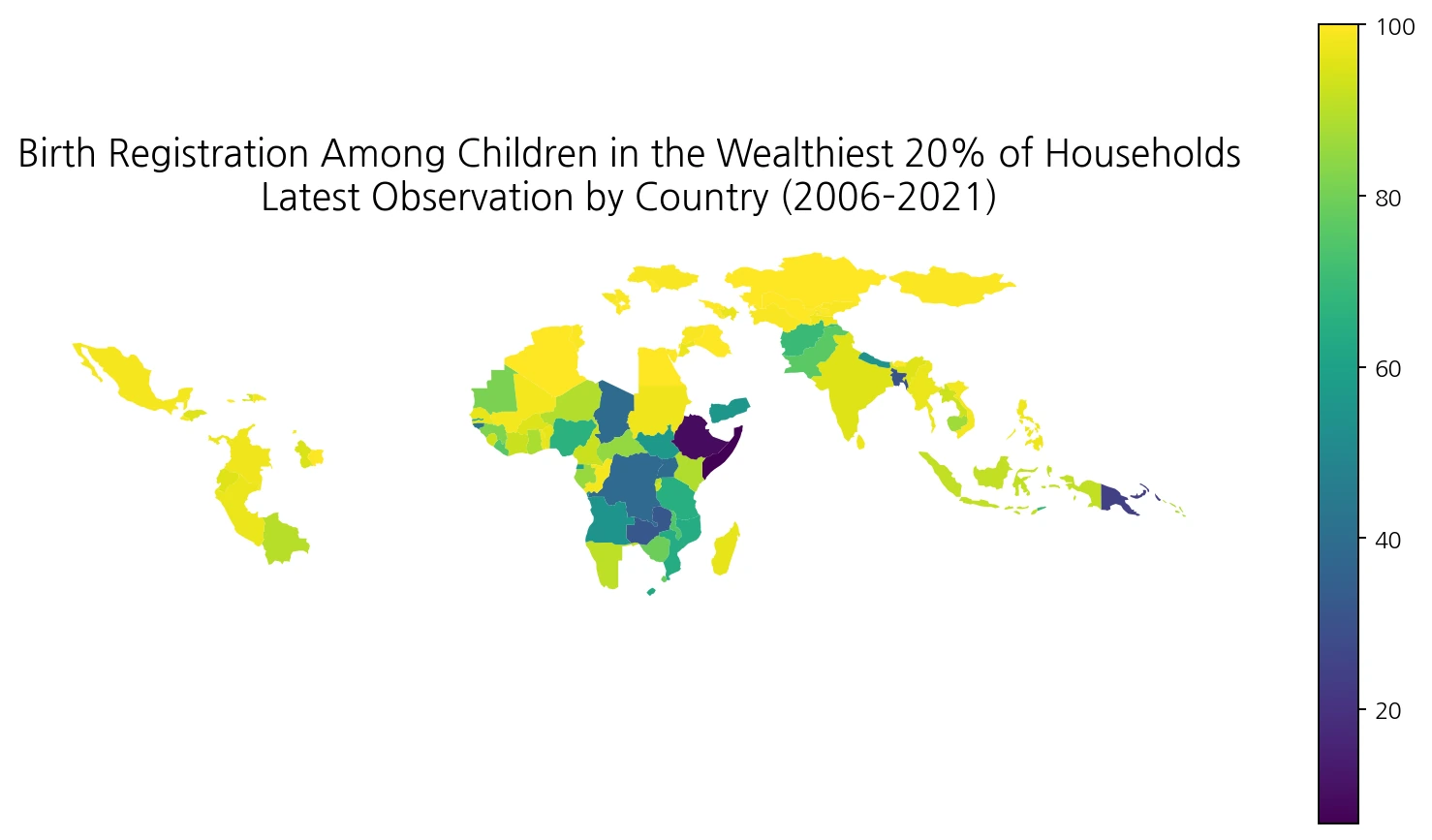 World map of birth registration among children under five in the highest household wealth quintile