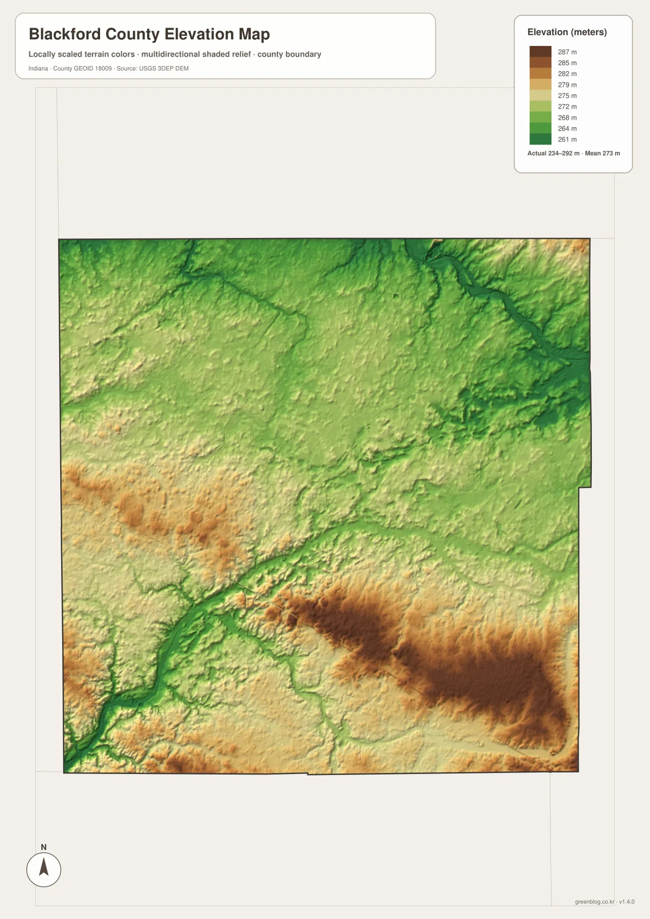 Blackford County elevation map showing an actual range of 234 to 292 meters and higher terrain across the south