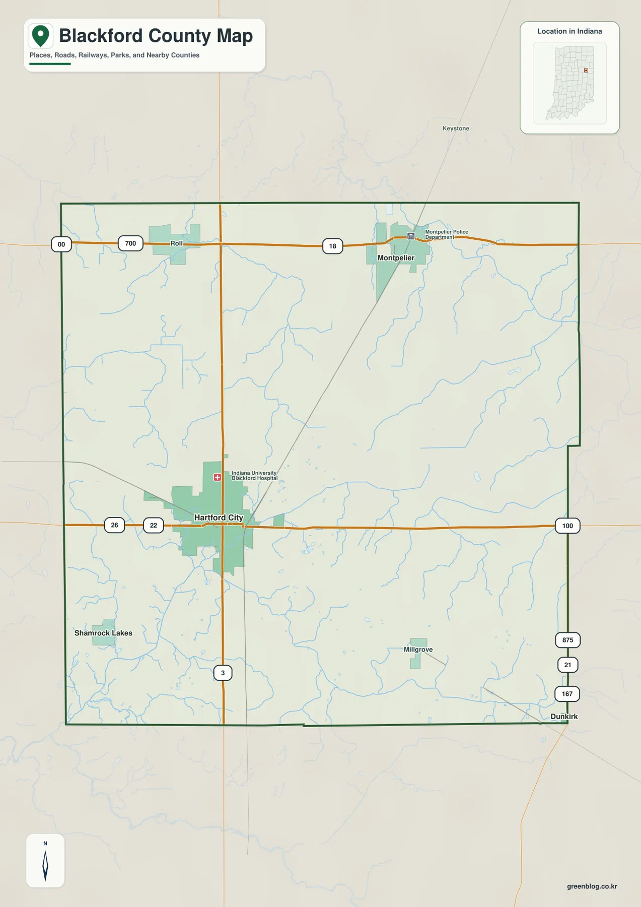 Blackford County Indiana map showing Hartford City, Montpelier, roads, railways, streams, and the county boundary