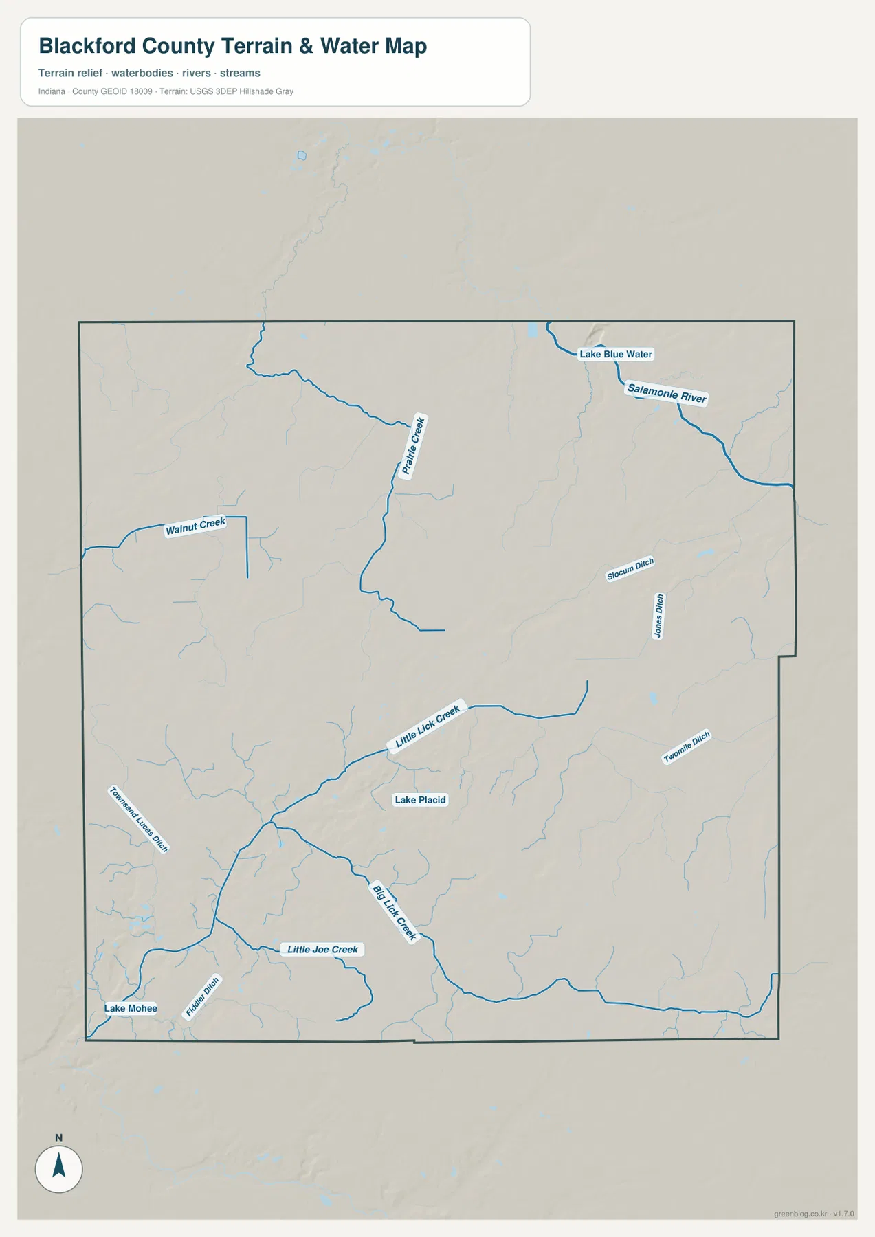 Blackford County terrain and water map showing Prairie Creek, Big Lick Creek, Little Joe Creek, lakes, and drainage channels