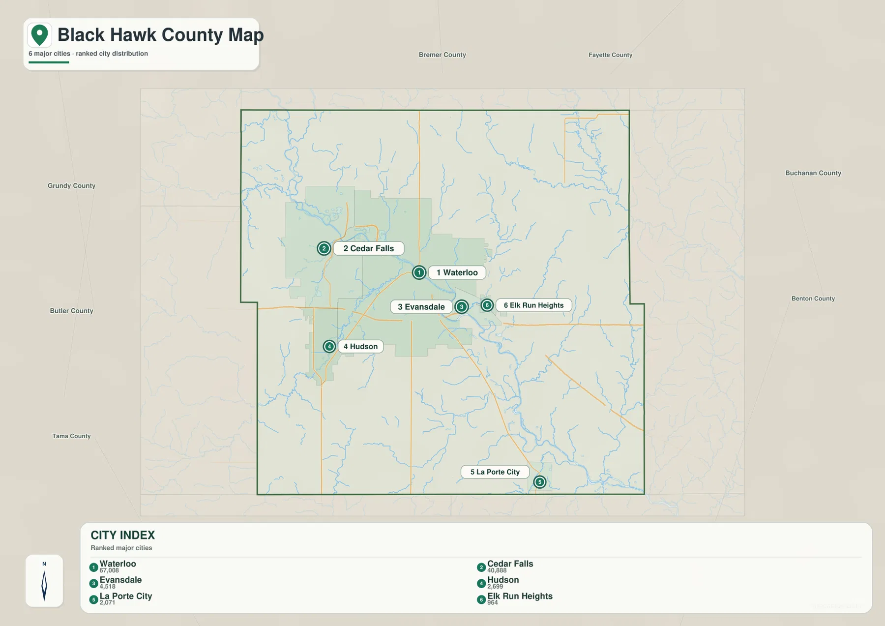 Black Hawk County city map comparing Waterloo, Cedar Falls, Evansdale, Hudson, La Porte City, and Elk Run Heights