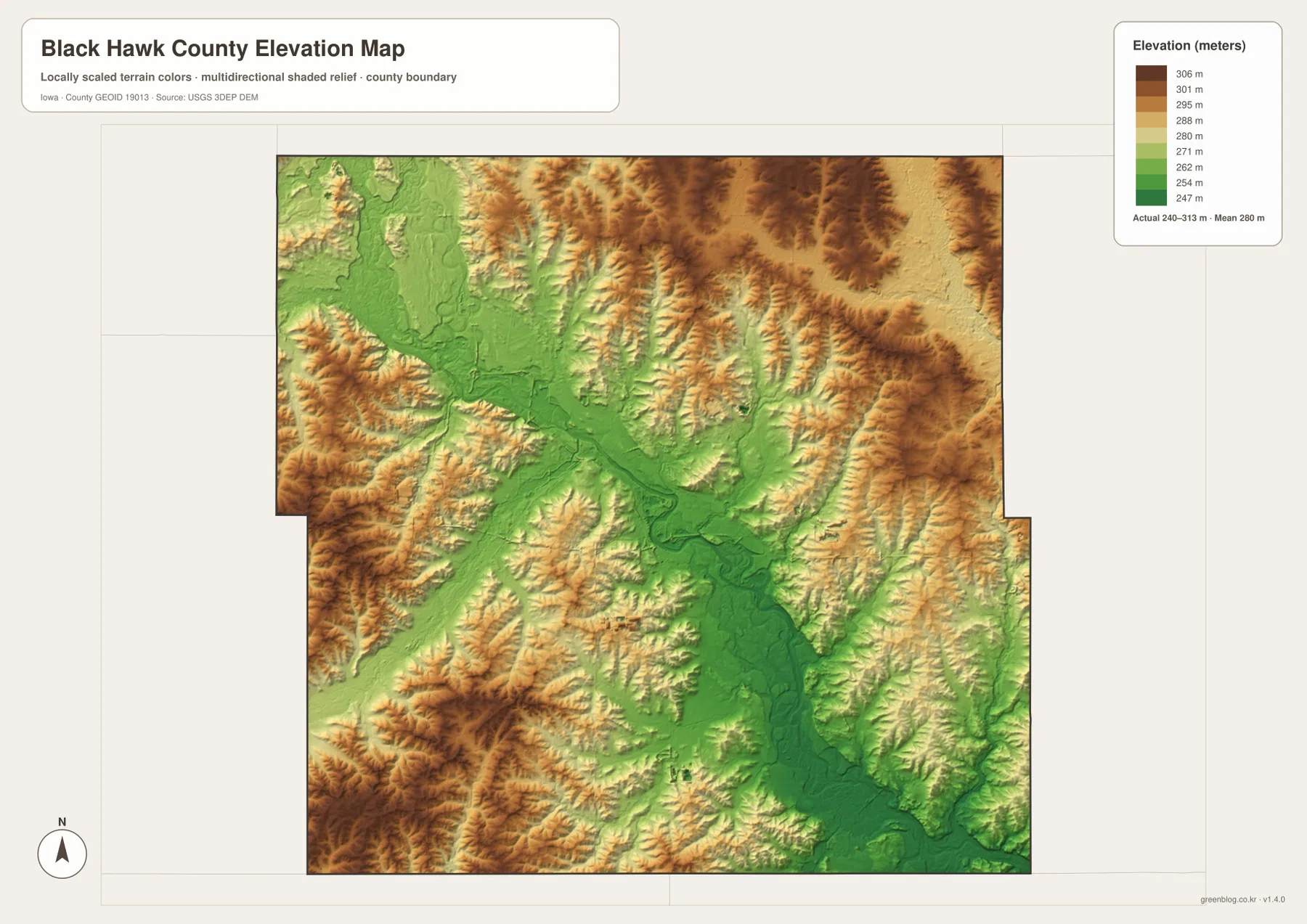 Black Hawk County elevation map showing roughly 240 to 313 meters with Cedar River lowlands and higher ridges