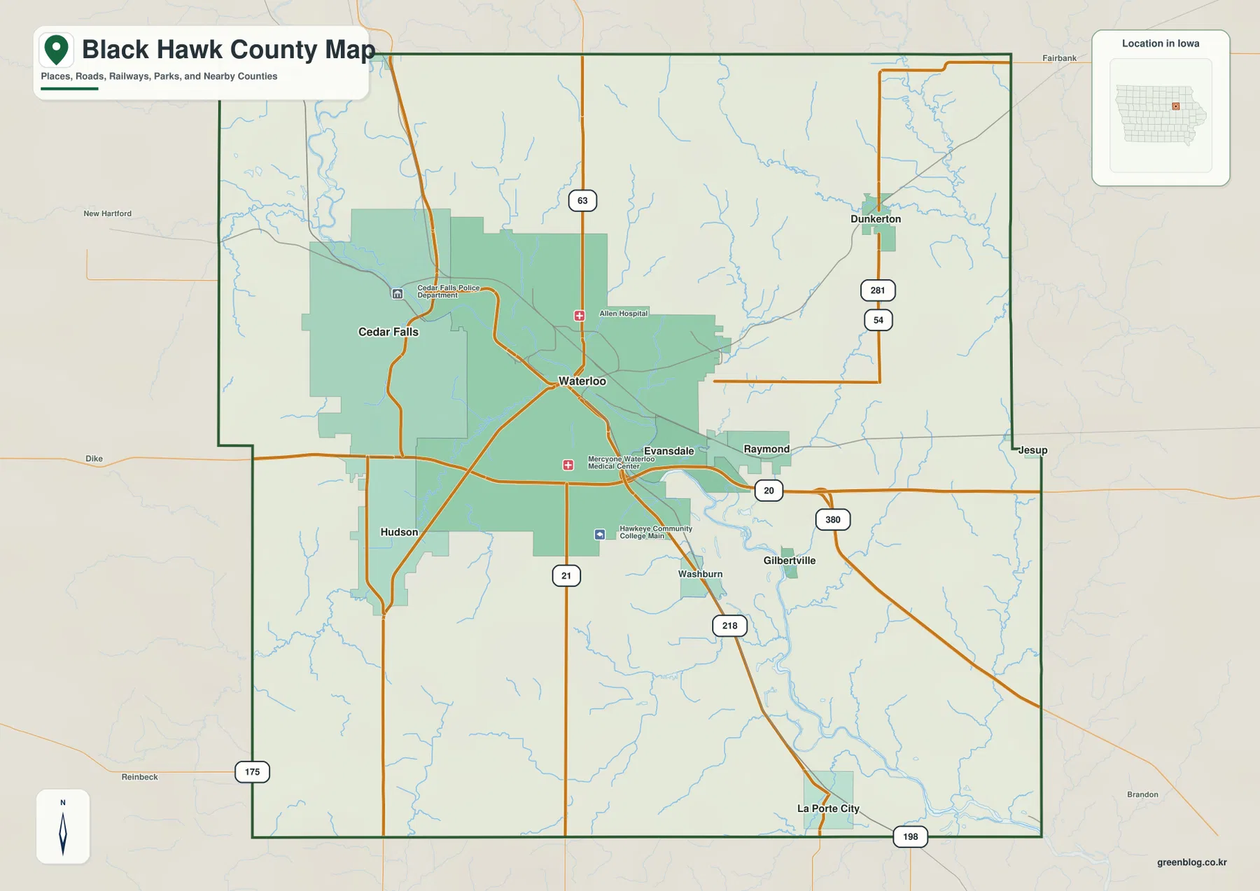 Black Hawk County map showing Waterloo, Cedar Falls, Evansdale, Hudson, Dunkerton, U.S. 20, U.S. 218, U.S. 63, and I-380