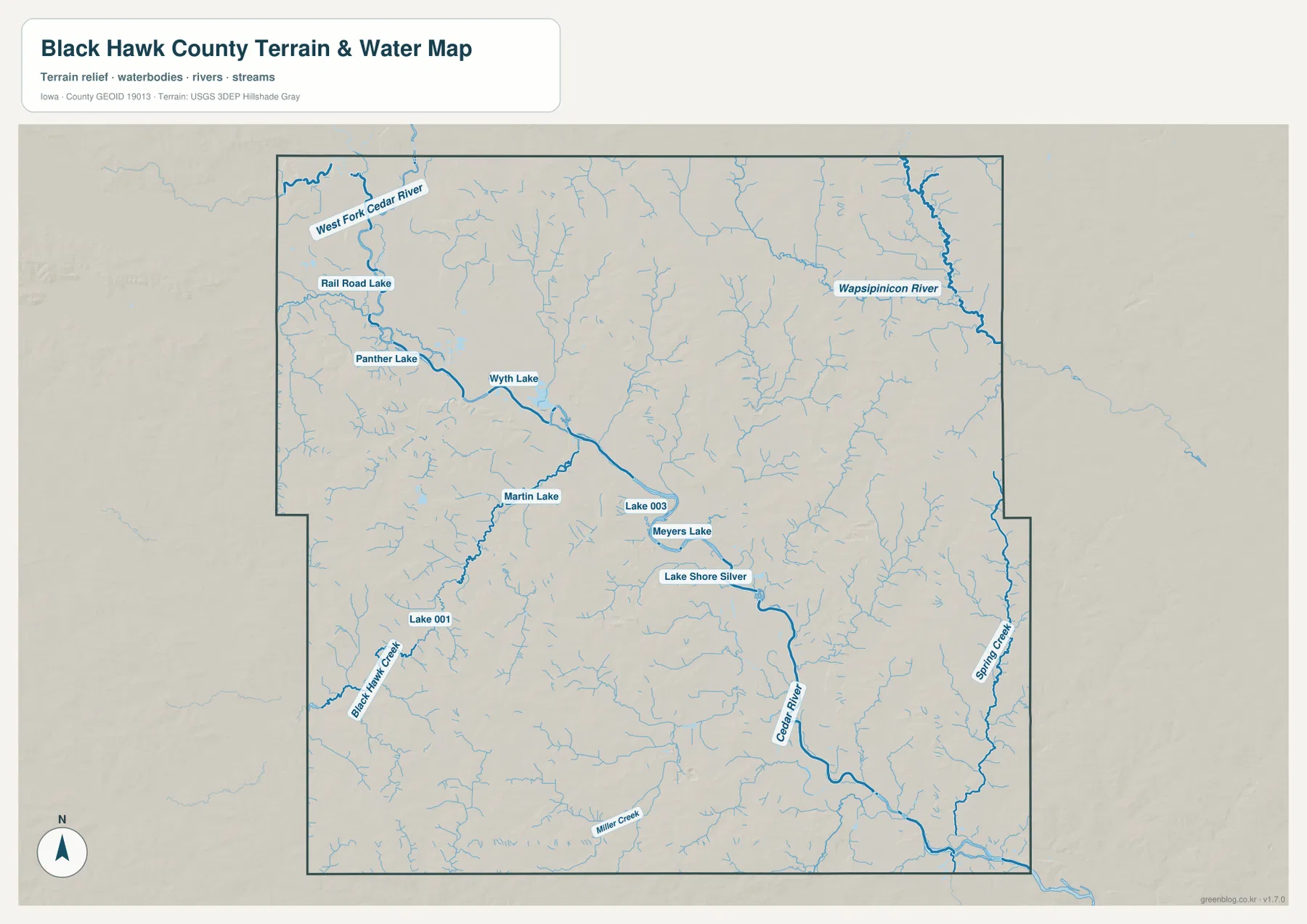 Black Hawk County water map showing Cedar River, West Fork Cedar River, Wapsipinicon River, Black Hawk Creek, and local lakes