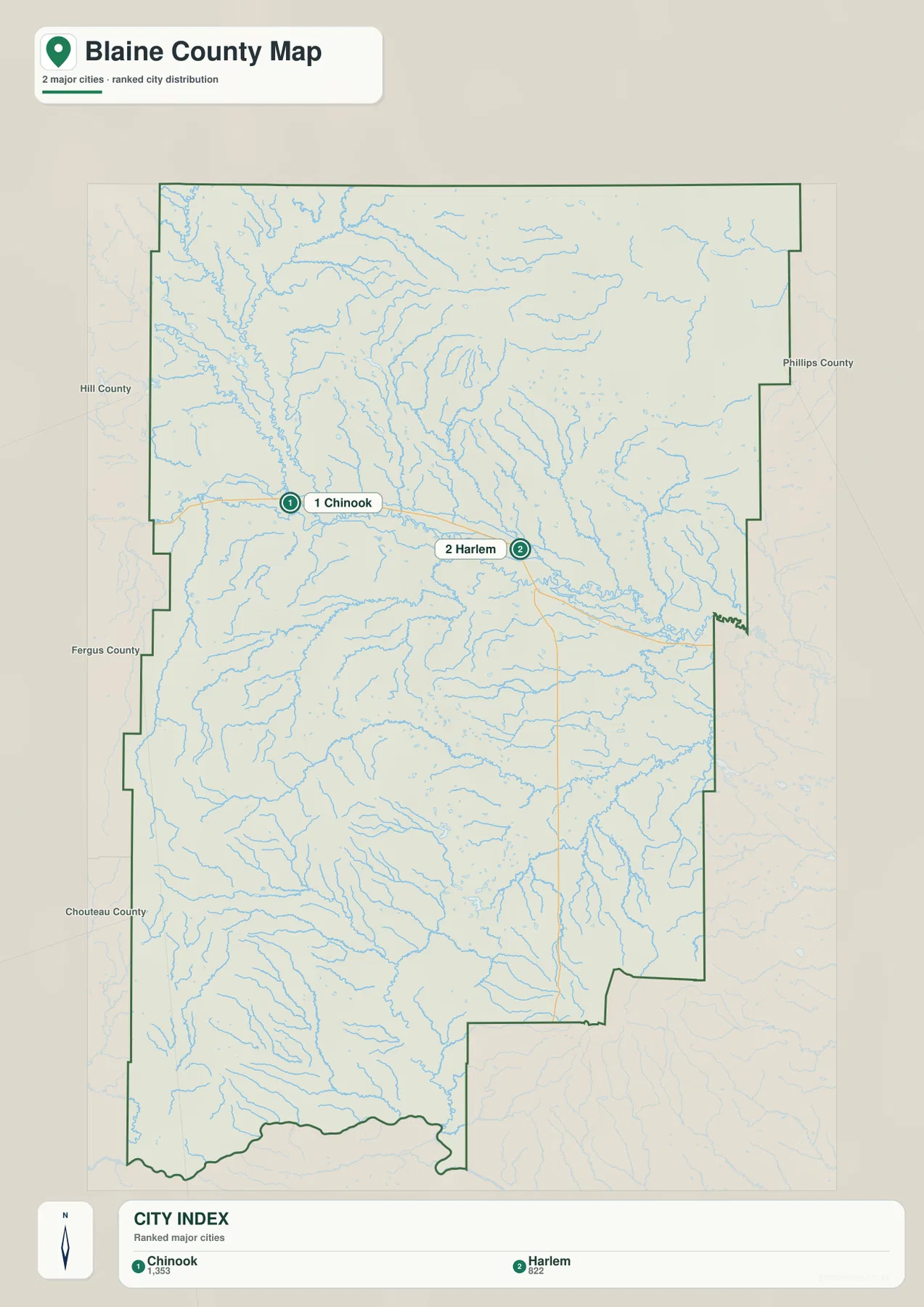 Blaine County city map highlighting Chinook and Harlem with ranked city markers