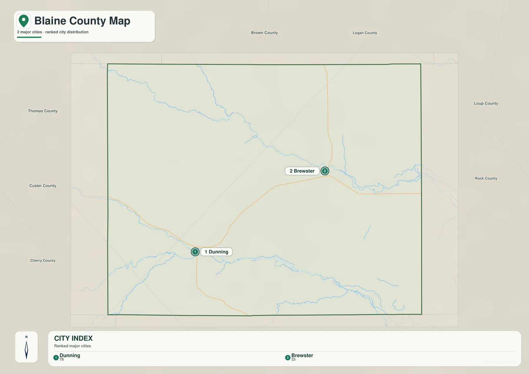 Blaine County city distribution map ranking Dunning and Brewster