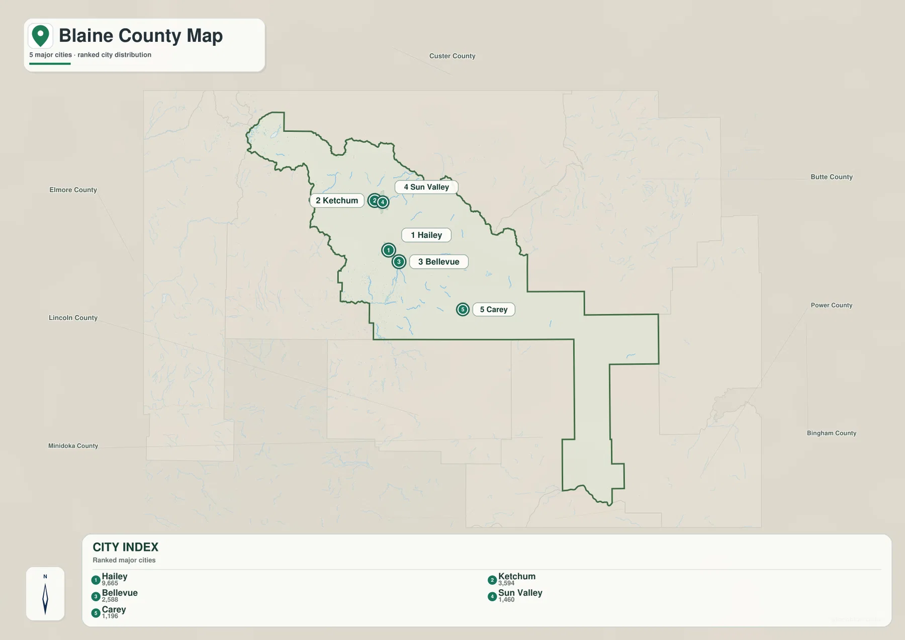 Blaine County 도시 지도에 표시된 Hailey, Ketchum, Bellevue, Sun Valley, Carey