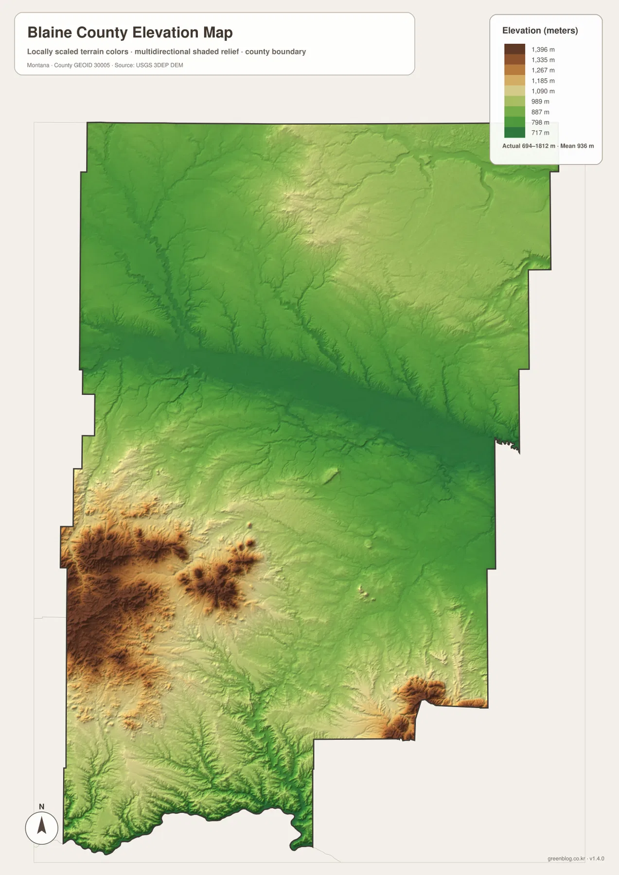 Blaine County elevation map showing an actual range of 694 to 1812 meters and a mean elevation of 936 meters