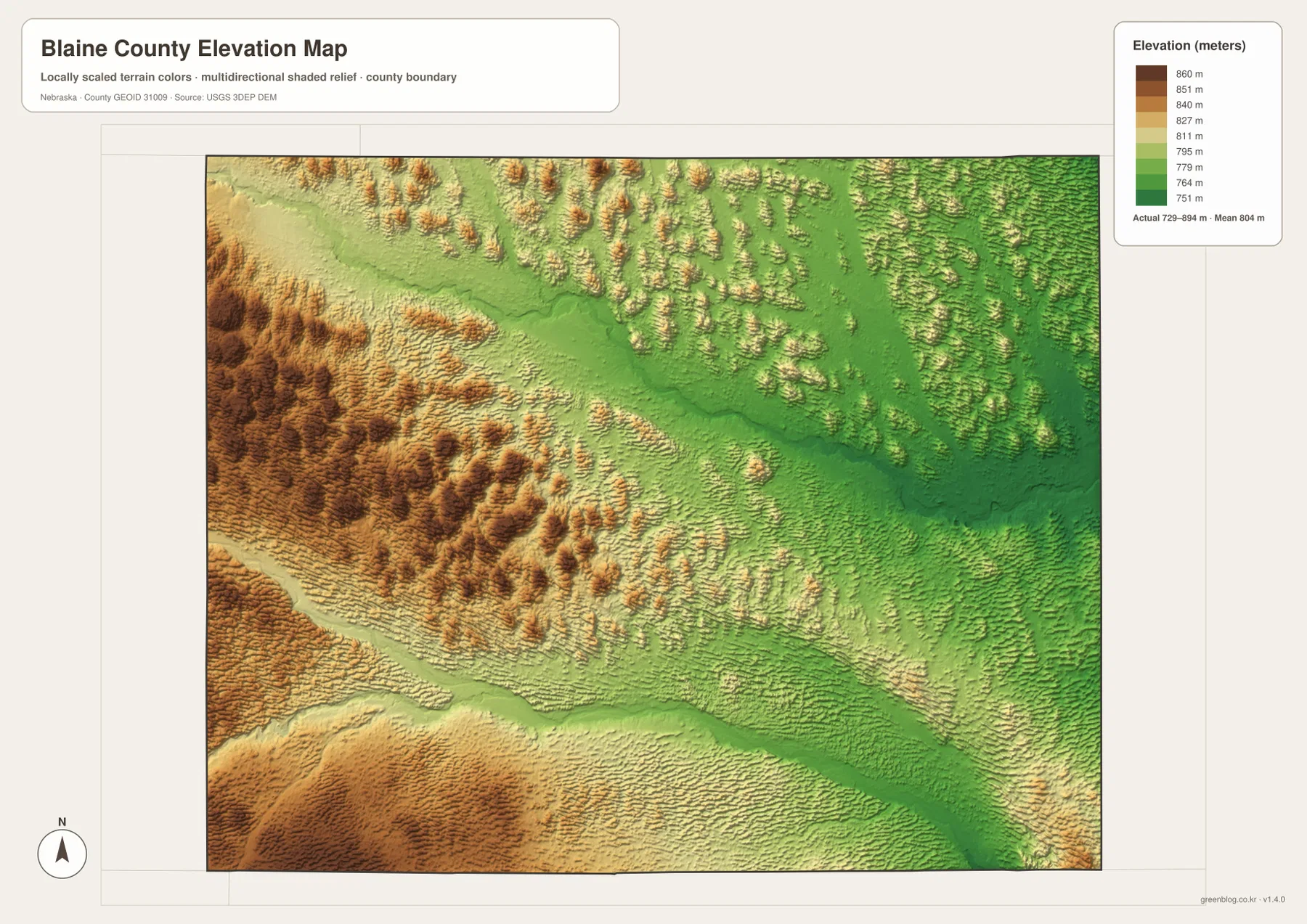 Blaine County elevation map showing higher western Sandhills and lower North Loup and Middle Loup river valleys