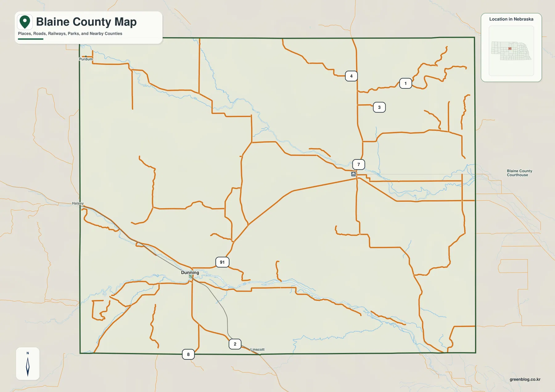 Blaine County Nebraska map showing Brewster, Dunning, Purdum, numbered roads, rivers, and surrounding counties