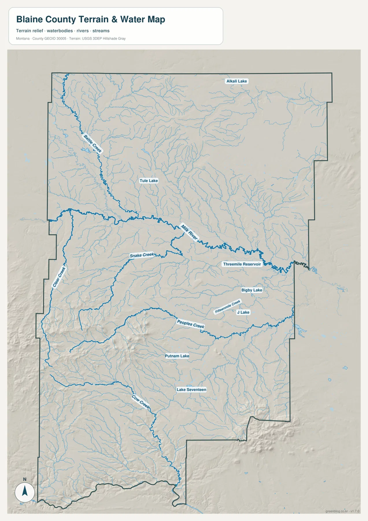 Blaine County terrain and water map showing the Milk River, Battle Creek, Snake Creek, Peoples Creek, Cow Creek, and lakes