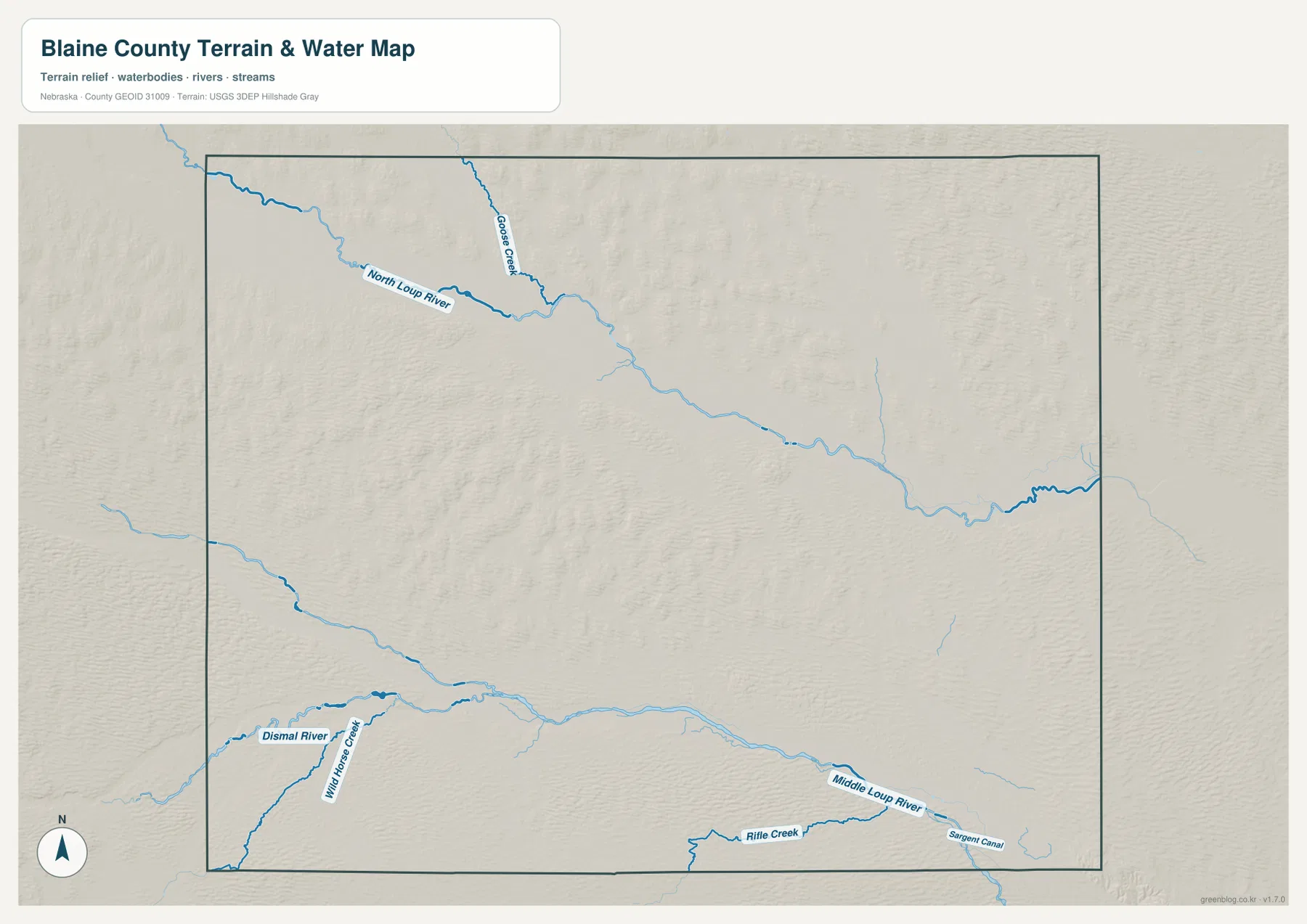 Blaine County terrain and water map showing the North Loup River, Middle Loup River, Dismal River, Goose Creek, and smaller waterways