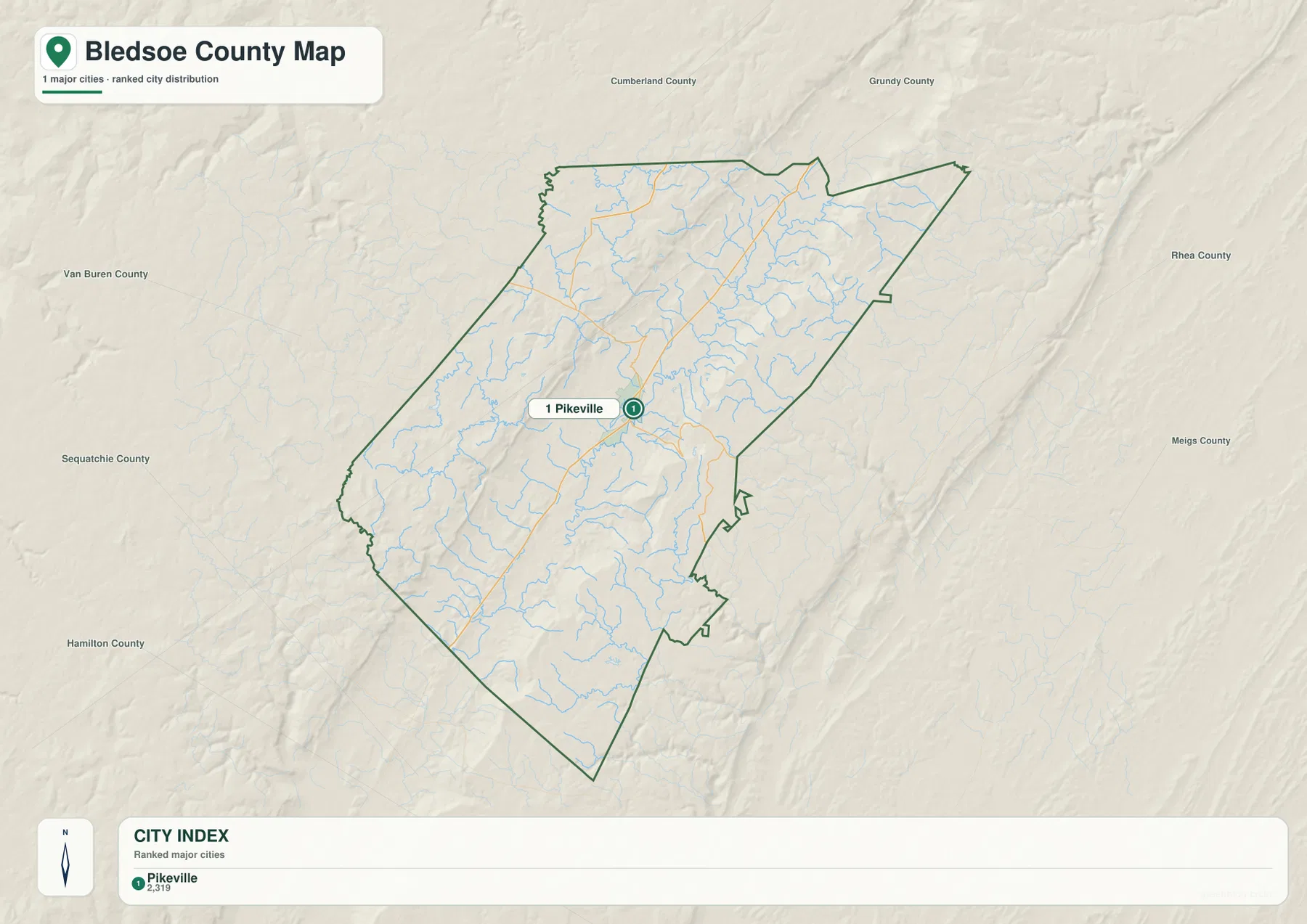 Bledsoe County city map showing Pikeville and neighboring counties including Cumberland, Rhea, Sequatchie and Van Buren