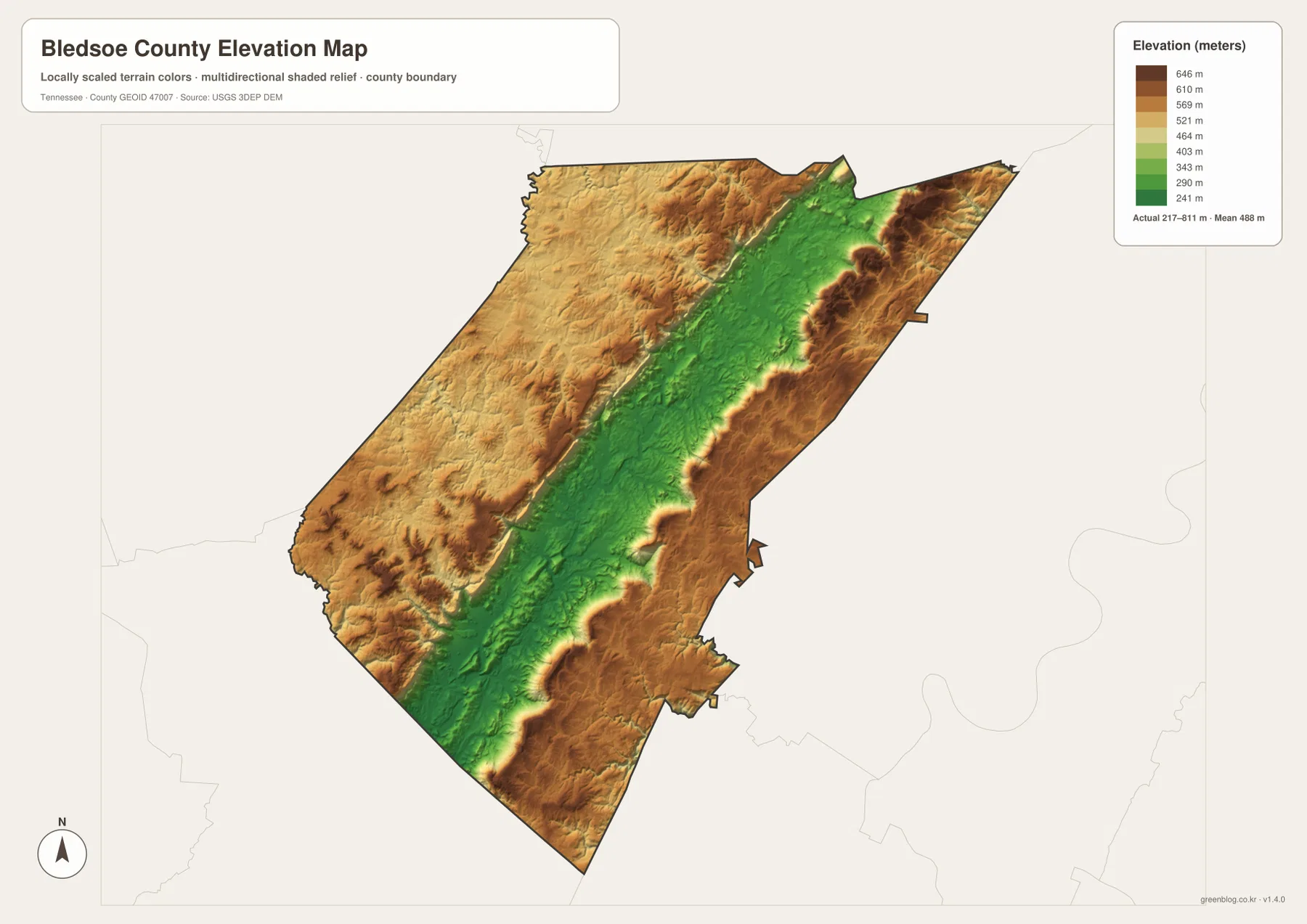 Bledsoe County elevation map showing a 217 to 811 meter range, the low central valley and higher eastern and western ridges
