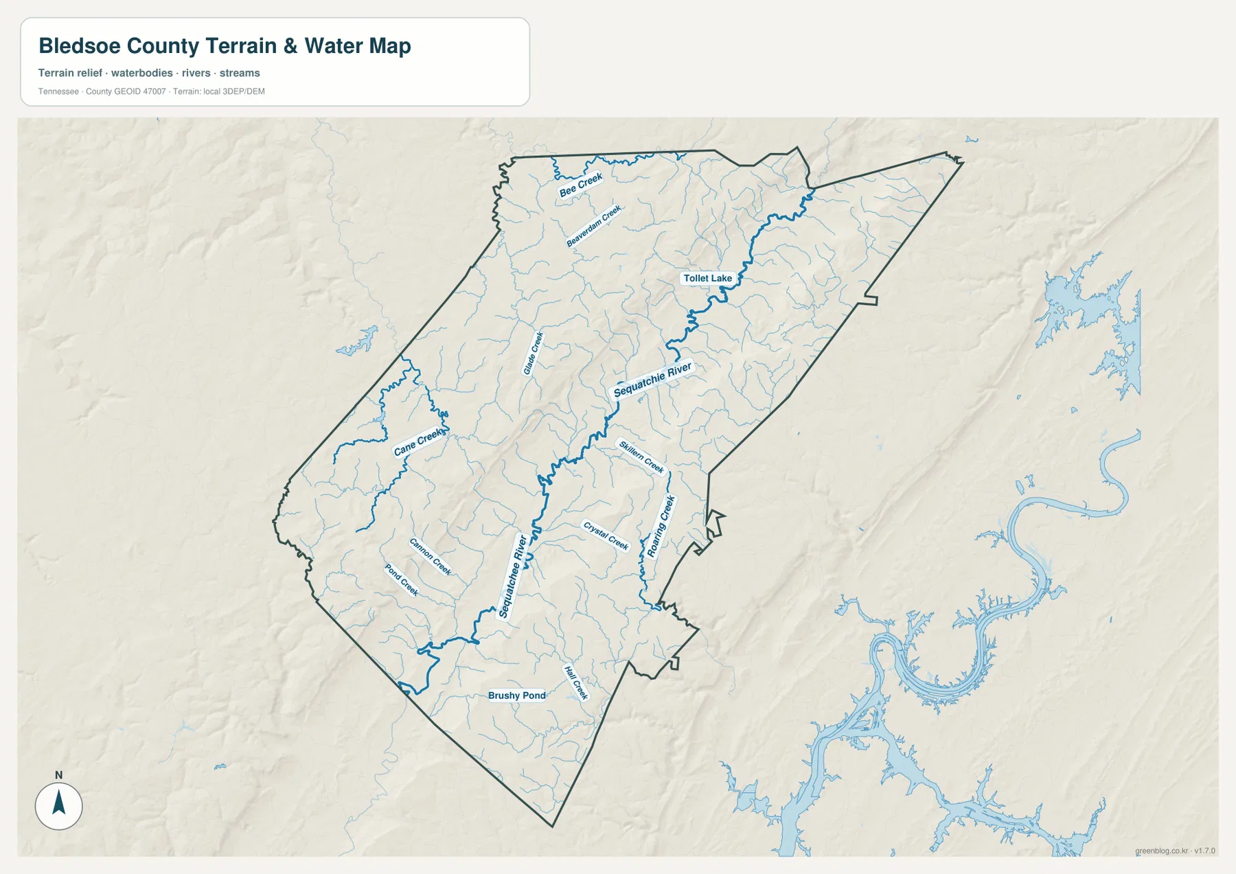 Bledsoe County water map showing the Sequatchie River, Tollet Lake, Cane Creek, Skillern Creek, Roaring Creek and other tributaries