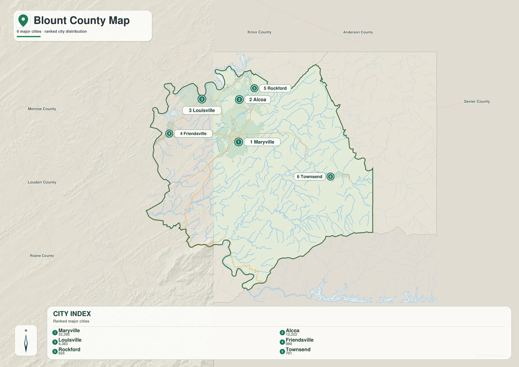 Blount County city map with Maryville, Alcoa, Louisville, Friendsville, Rockford, and Townsend