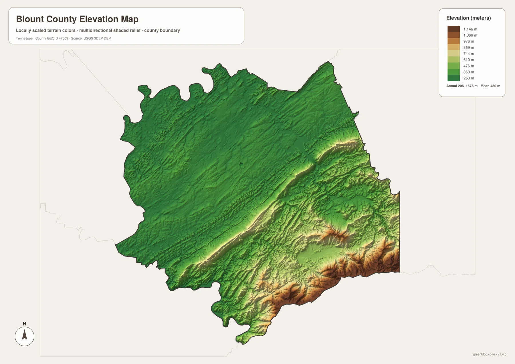 Blount County elevation map showing lower northwest and high southeastern mountains
