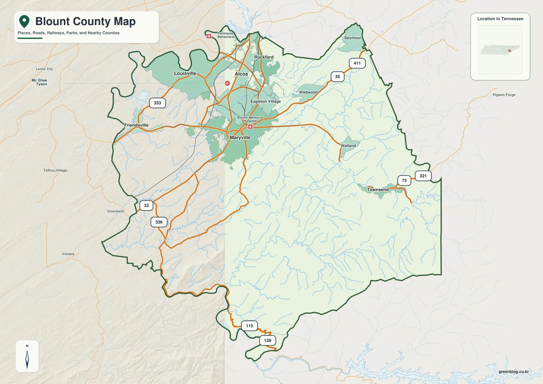 Blount County Tennessee map showing Maryville, Alcoa, roads, communities, and county boundary