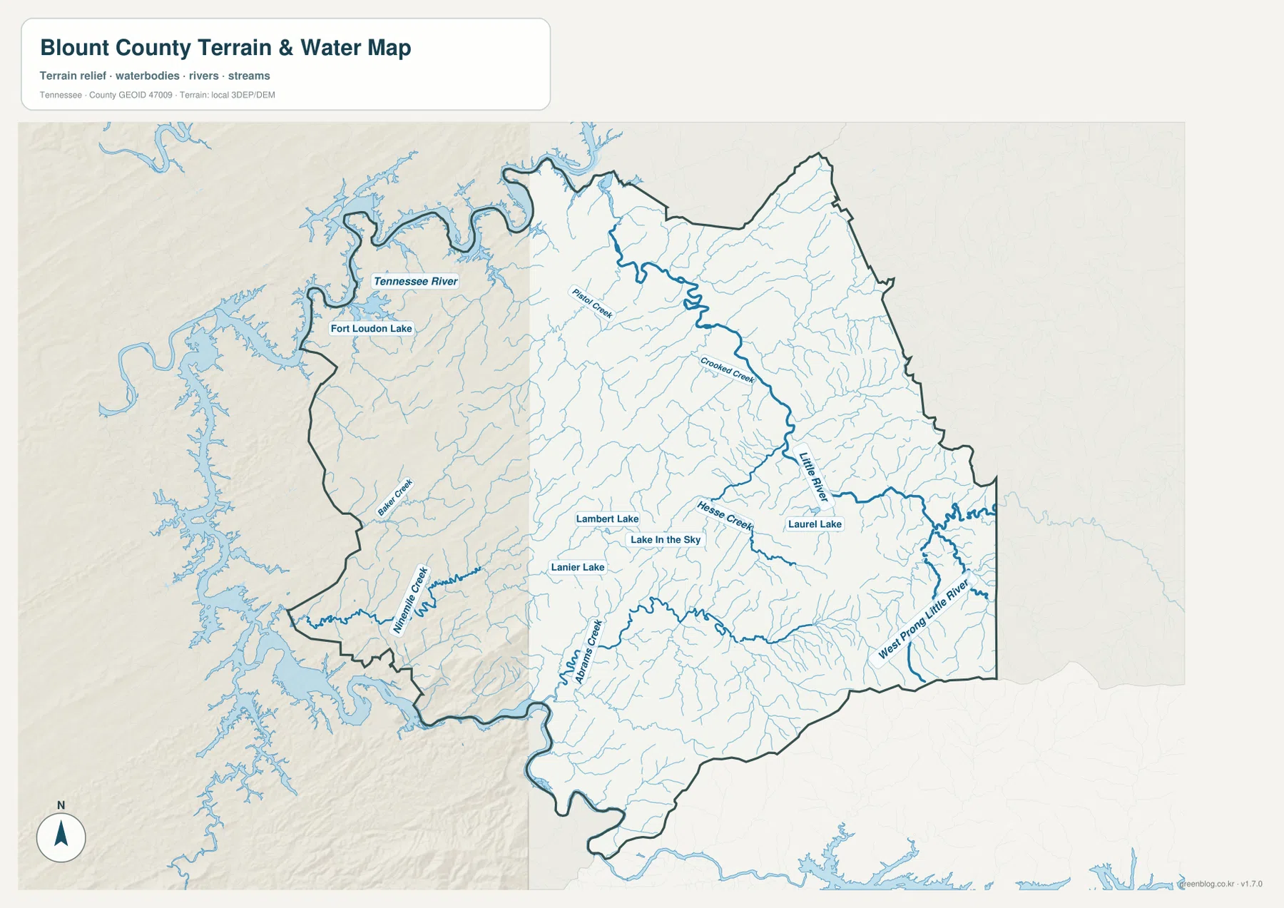 Blount County water map showing Little River, Fort Loudoun Lake, Tennessee River, and tributaries