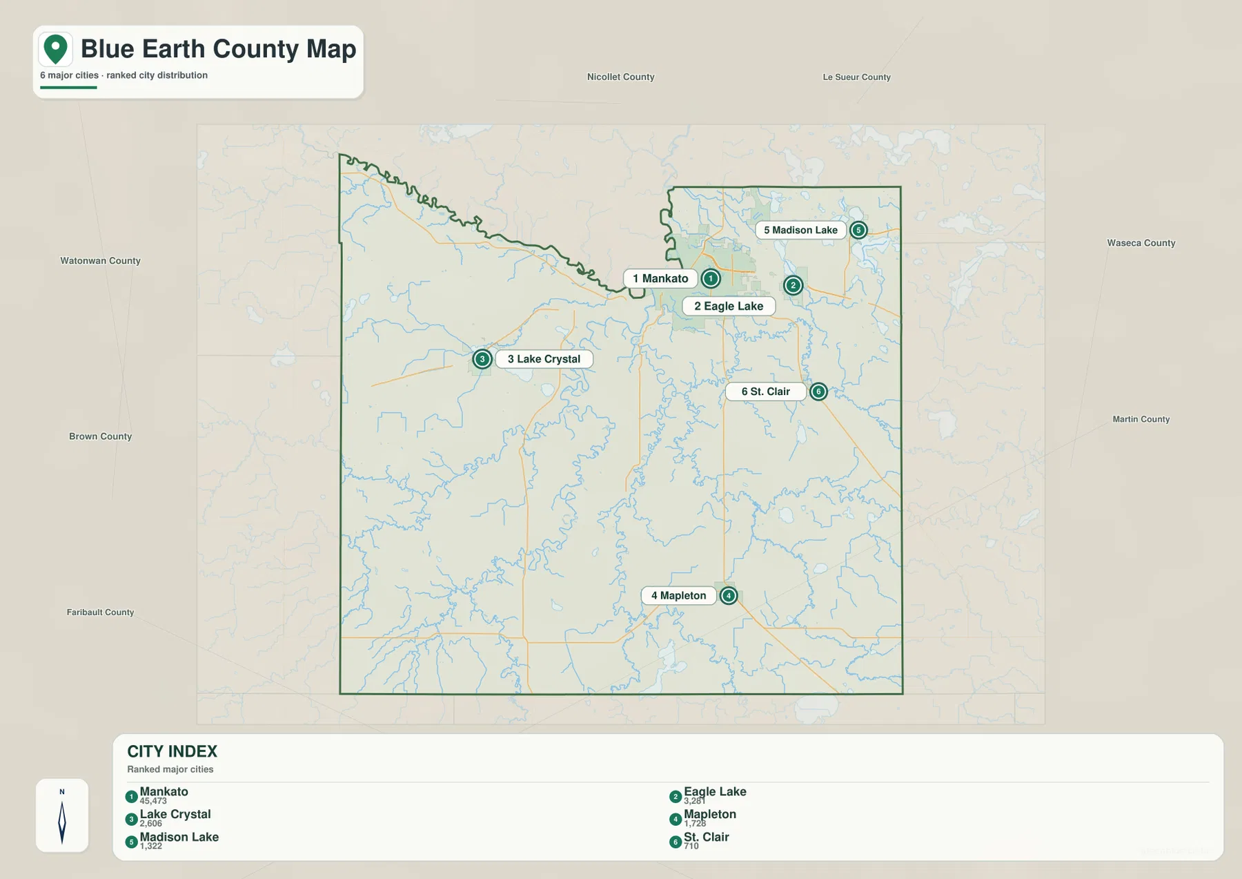 Ranked Blue Earth County city index showing Mankato, Eagle Lake, Lake Crystal, Mapleton, Madison Lake, and St. Clair