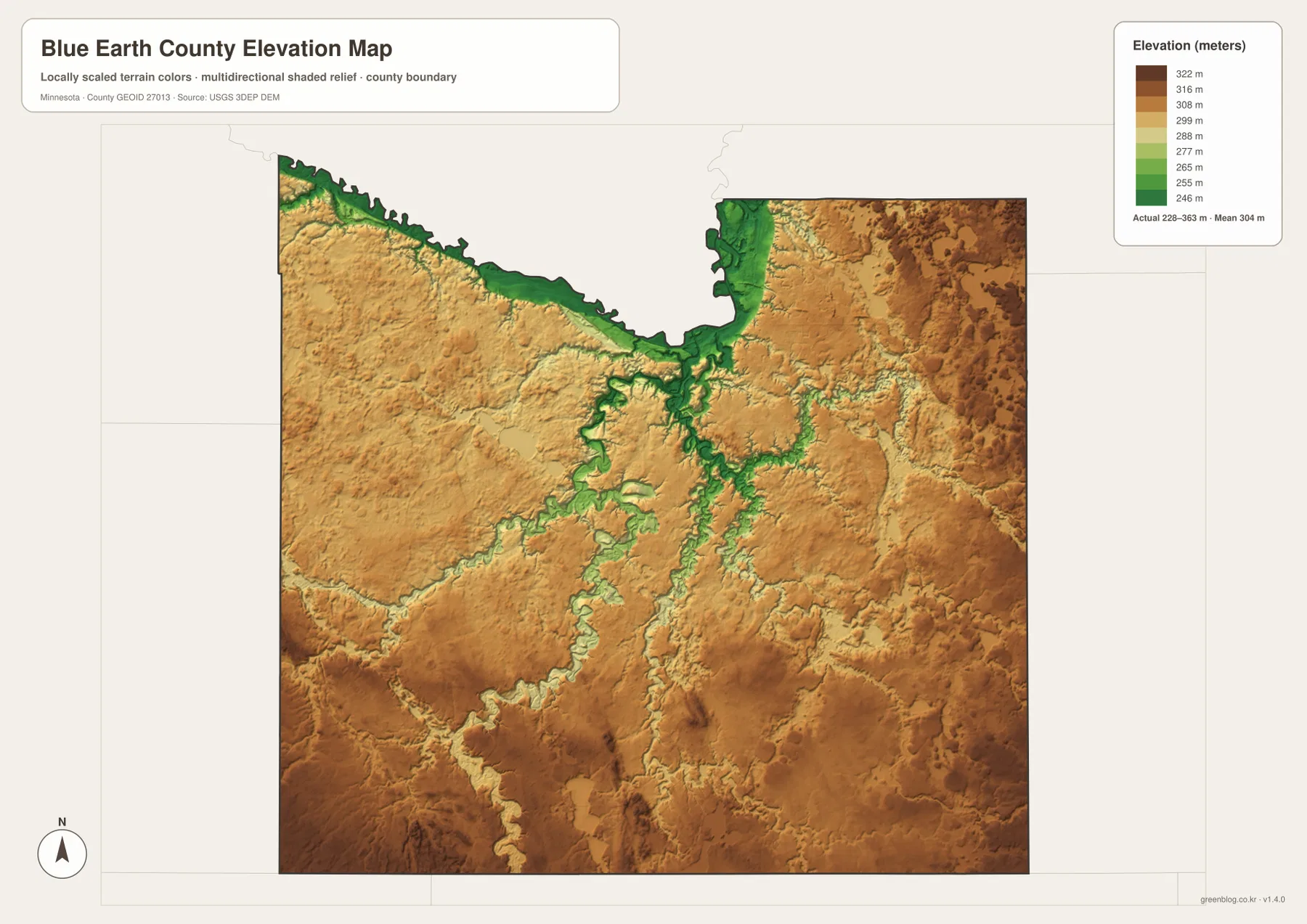 Blue Earth County elevation map showing the 228–363 meter range, Minnesota River valley, southern uplands, and major tributary valleys