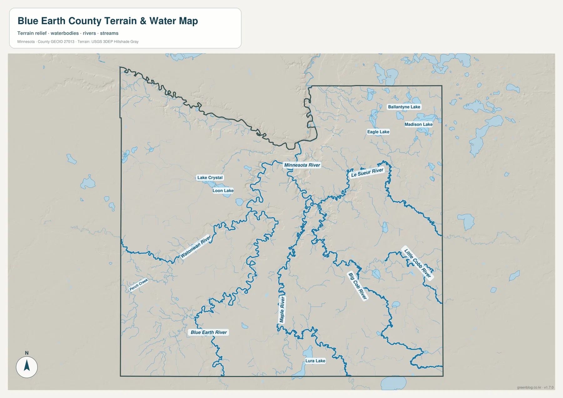 Blue Earth County water map showing the Minnesota, Blue Earth, Maple, Le Sueur, and Watonwan rivers plus major lakes