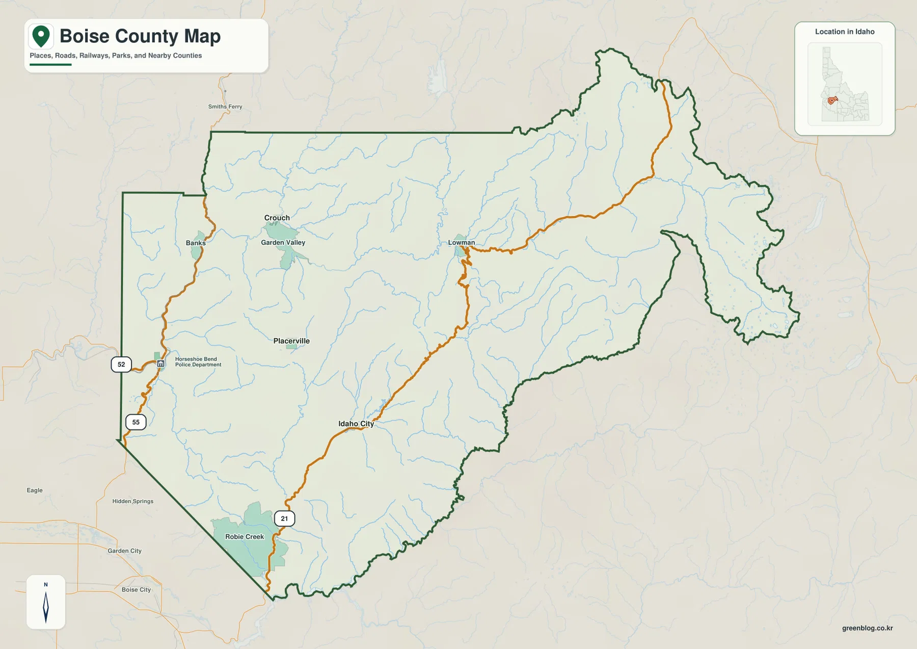 보이시 카운티 지도에 표시된 Idaho City, Horseshoe Bend, Garden Valley, Crouch, Lowman과 주요 도로