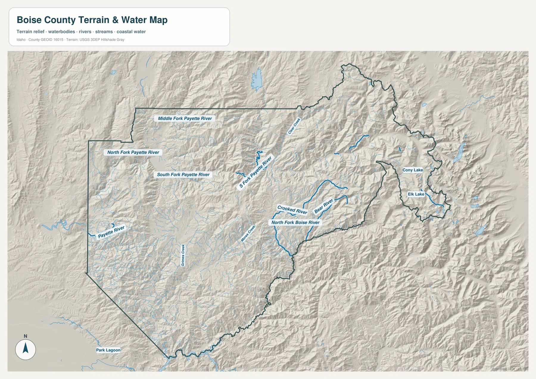 Boise County 지형 수역 지도에 표시된 Payette River 지류, North Fork Boise River, Grimes Creek, Cony Lake, Elk Lake