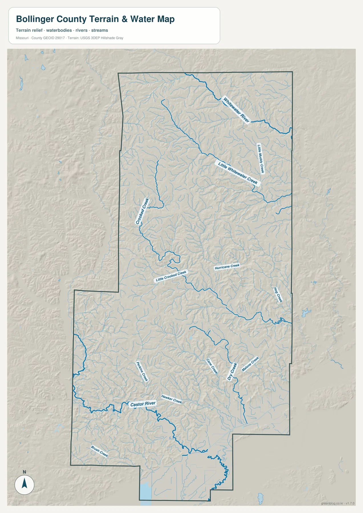 Whitewater River, Little Whitewater Creek, Crooked Creek, Castor River와 지형 음영을 함께 표시한 볼린저 카운티 수역 지도