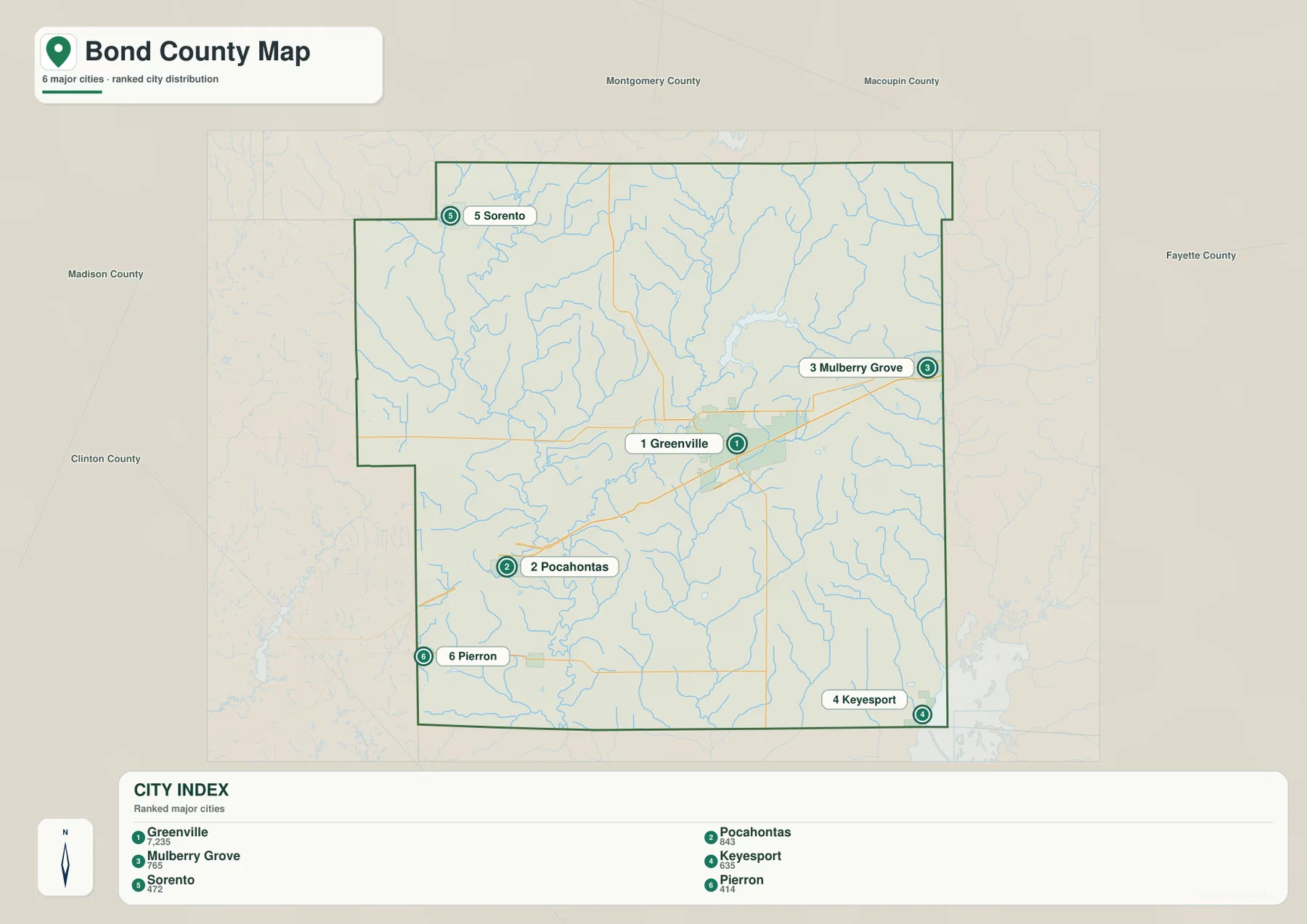 Greenville, Pocahontas, Mulberry Grove, Keyesport, Sorento, Pierron의 위치와 순위를 보여 주는 본드 카운티 도시 지도