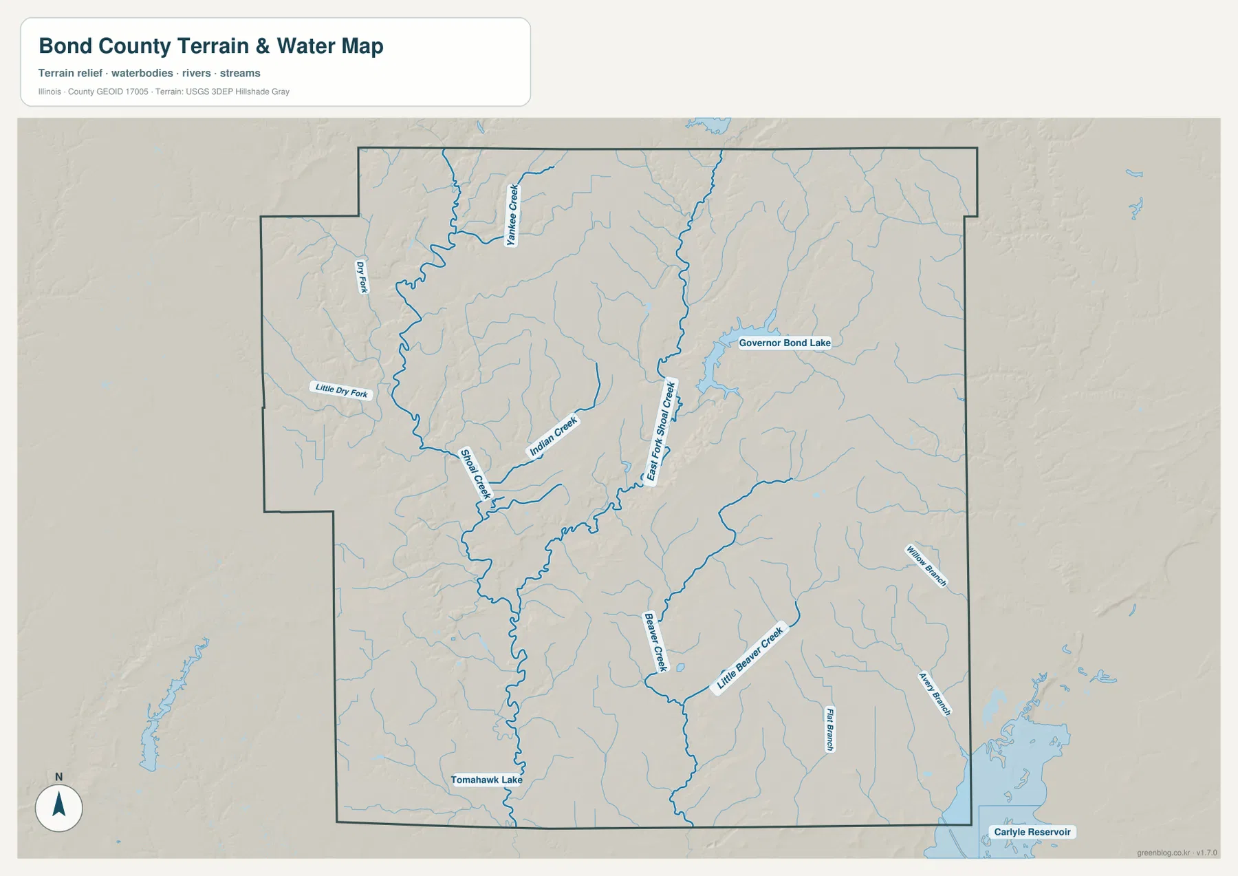 Governor Bond Lake, Shoal Creek, East Fork Shoal Creek, Indian Creek, Beaver Creek와 여러 지류를 보여 주는 본드 카운티 수역 지형 지도