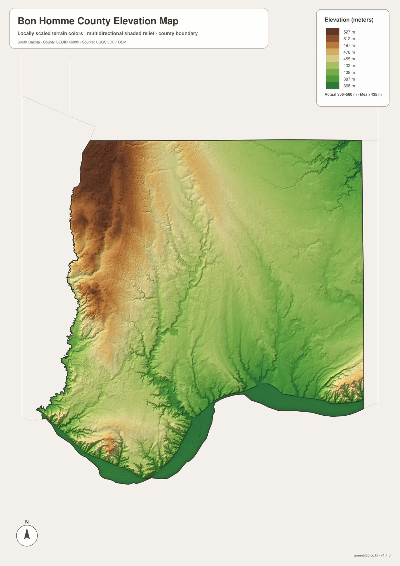 Bon Homme County elevation map showing the 366 to 580 meter range, 435 meter mean, higher western terrain, and lower southern edge