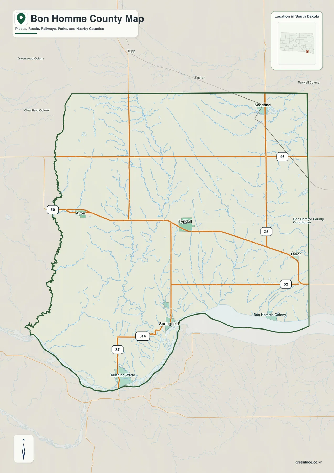 Bon Homme County map showing Springfield, Tyndall, Avon, Tabor, Scotland, SD 37, 314, 50, 46, 25, and 52