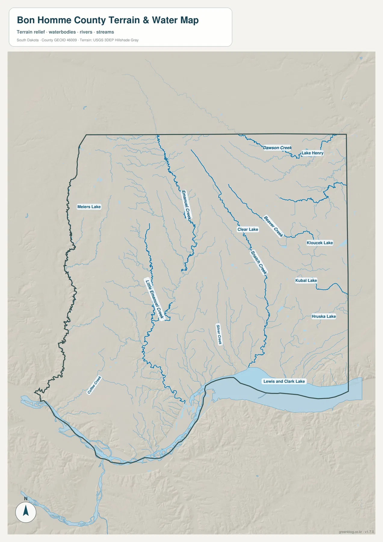 Bon Homme County terrain and water map showing Lewis and Clark Lake, Little Emanuel Creek, Emanuel Creek, Snatch Creek, Beaver Creek, Dawson Creek, Silver Creek, Coffee Creek, and small lakes
