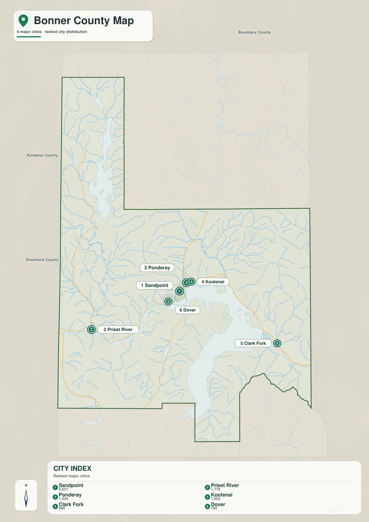 Bonner County 도시 지도에 표시된 Sandpoint, Priest River, Ponderay, Kootenai, Clark Fork, Dover
