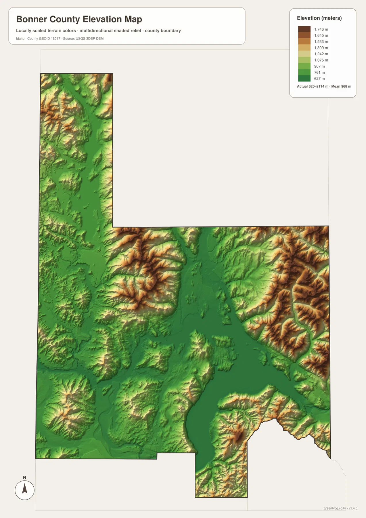 Bonner County 고도 지도에서 보이는 Lake Pend Oreille 주변 저지대와 동서 산악 지형