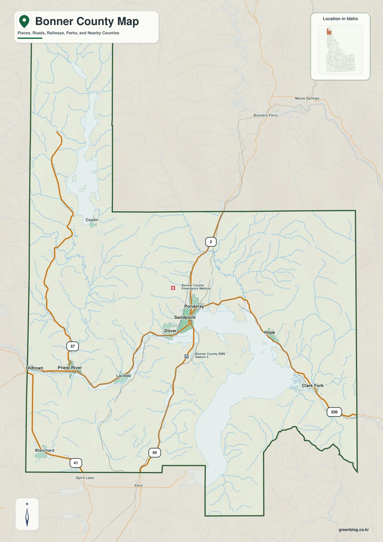 보너 카운티 지도에 표시된 Sandpoint, Priest River, Clark Fork, Lake Pend Oreille와 주요 도로