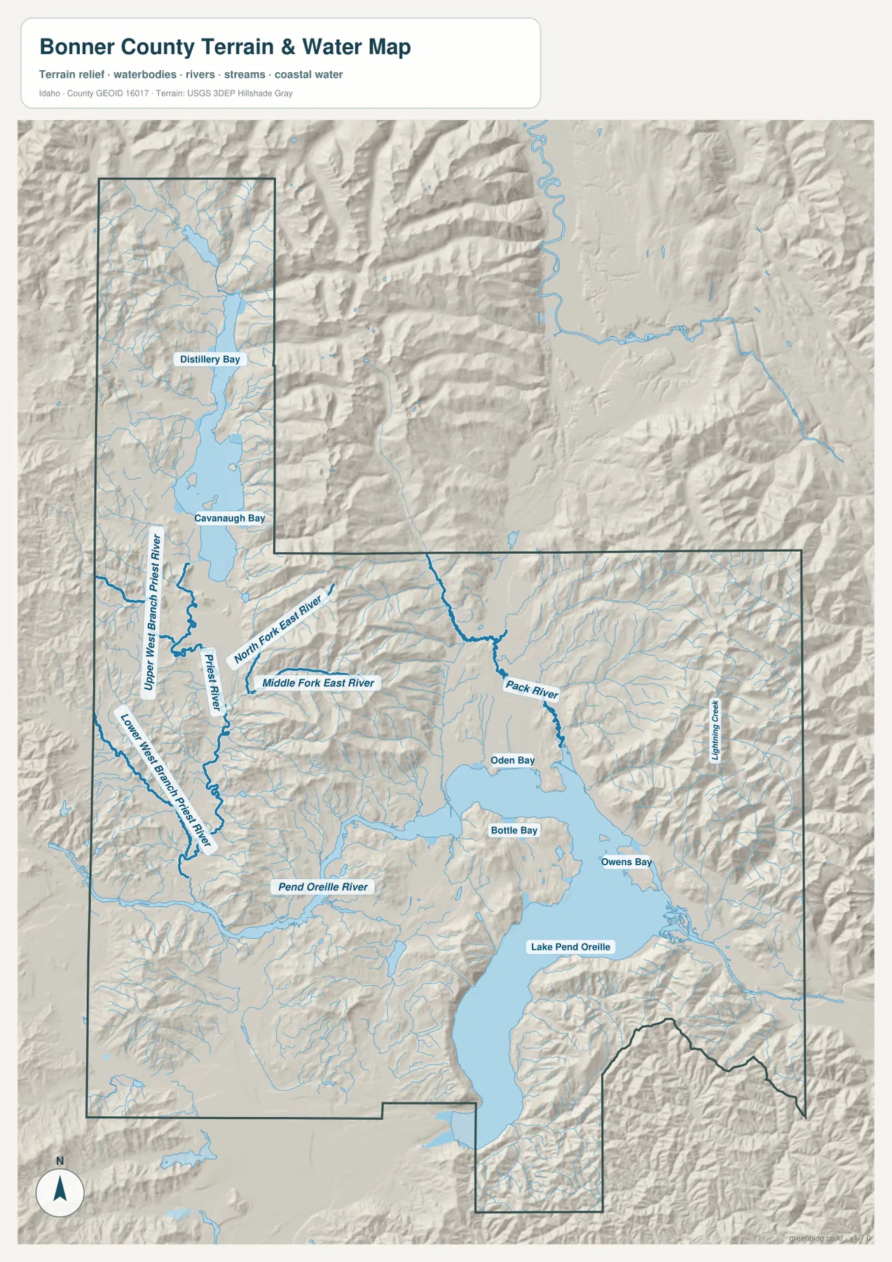 Bonner County 수역 지도에 표시된 Lake Pend Oreille, Pend Oreille River, Priest River, Pack River와 산악 하천