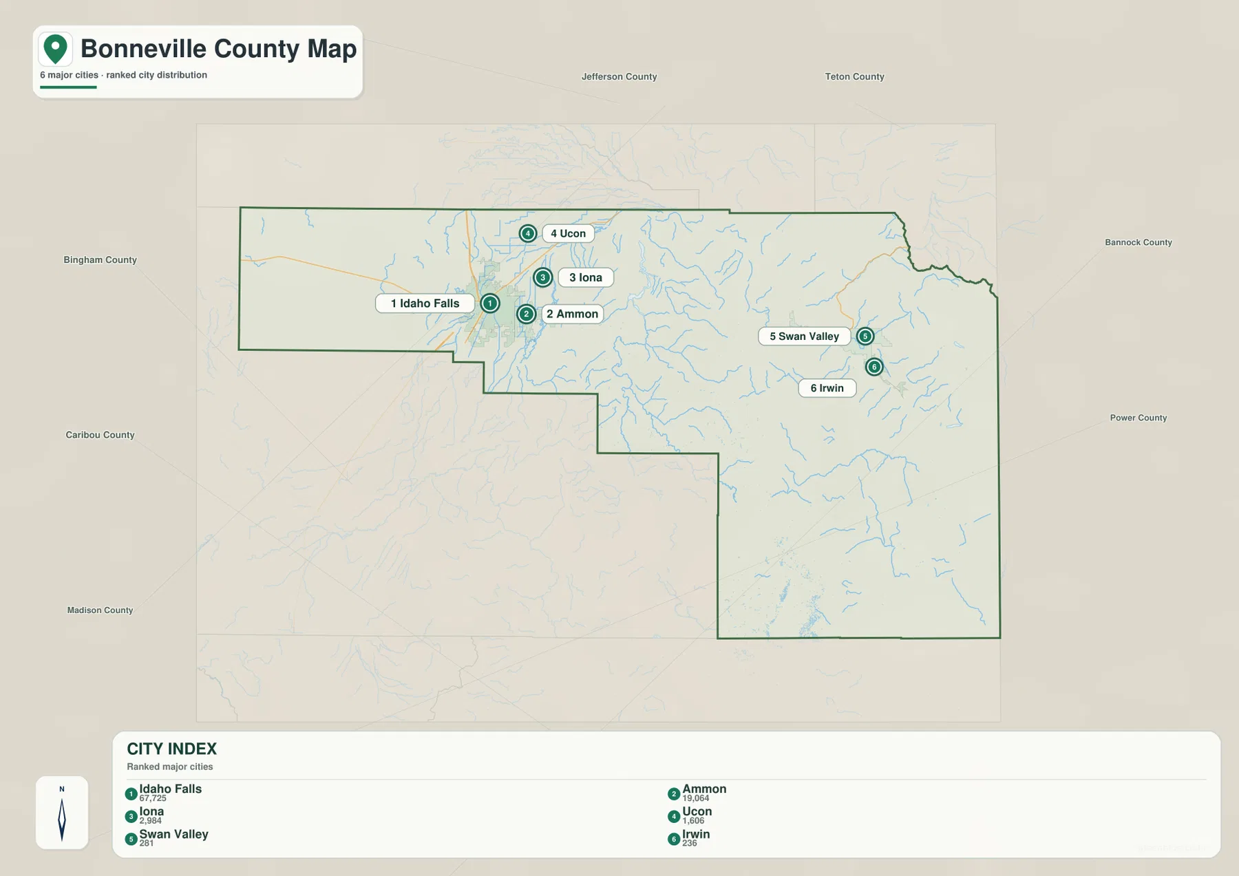 Bonneville County 도시 지도에 표시된 Idaho Falls, Ammon, Iona, Ucon, Swan Valley, Irwin