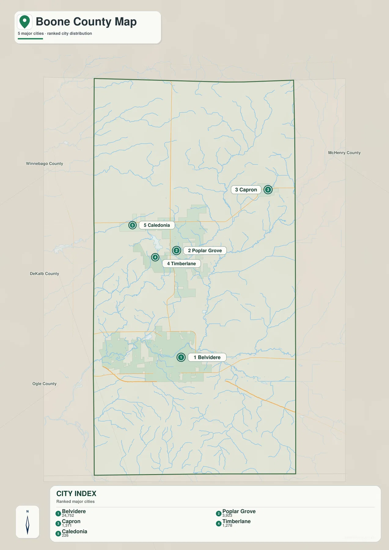 Belvidere, Poplar Grove, Capron, Timberlane, Caledonia의 위치와 순위를 보여 주는 분 카운티 도시 지도