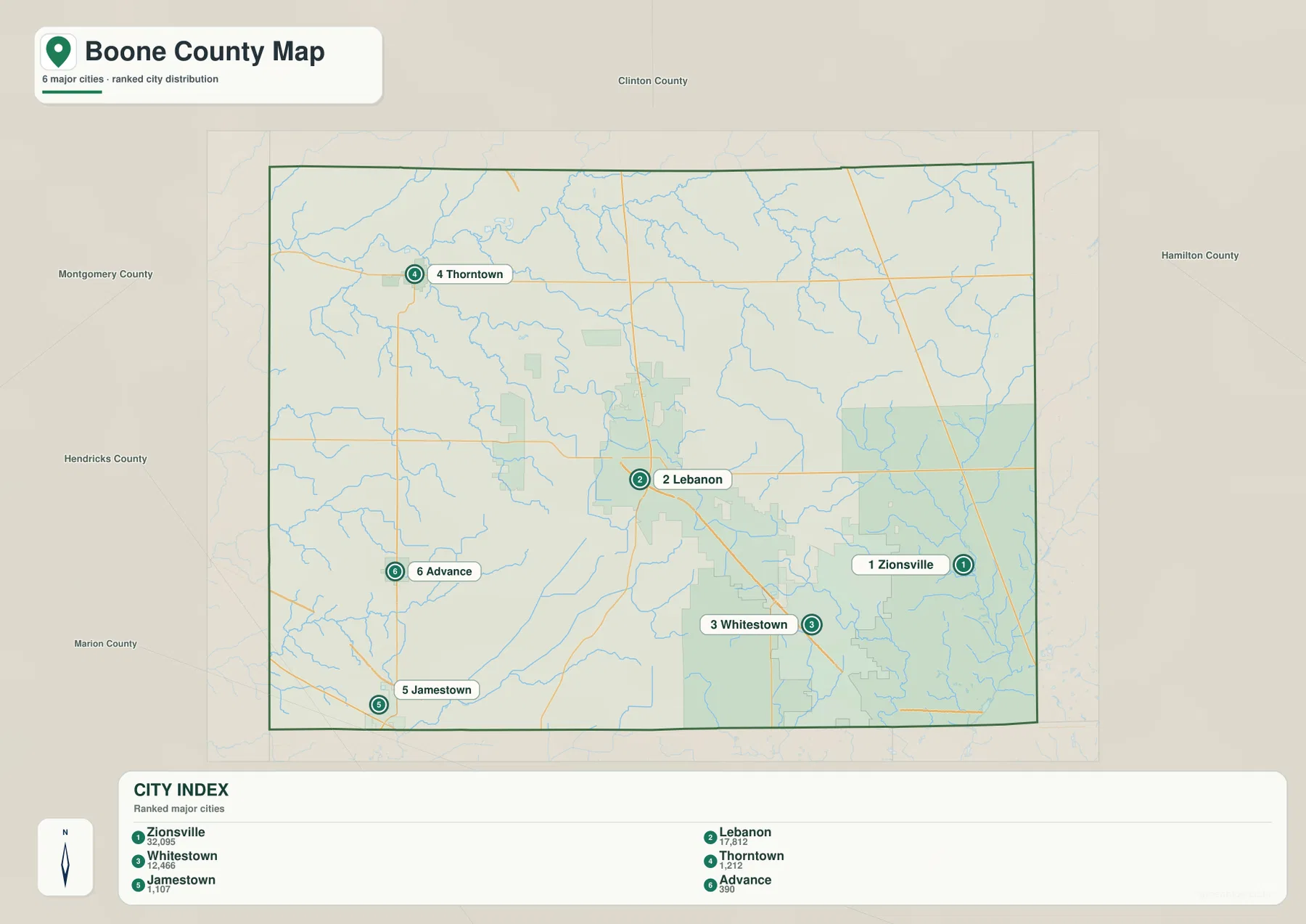 Boone County 도시 분포 지도에서 Zionsville, Lebanon, Whitestown, Thorntown, Jamestown, Advance의 위치를 표시한 모습