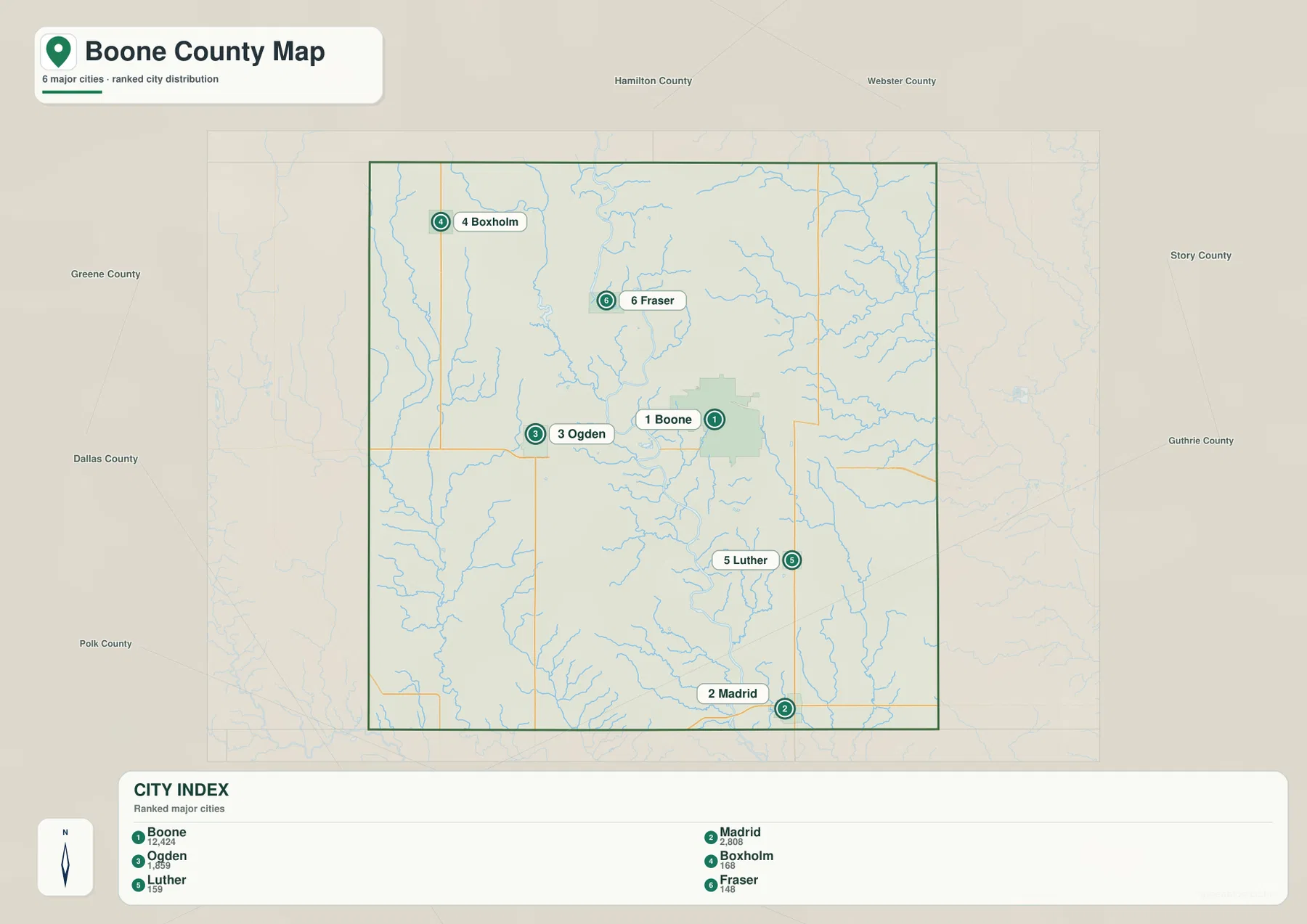 Boone County city map locating Boone, Madrid, Ogden, Boxholm, Luther, and Fraser