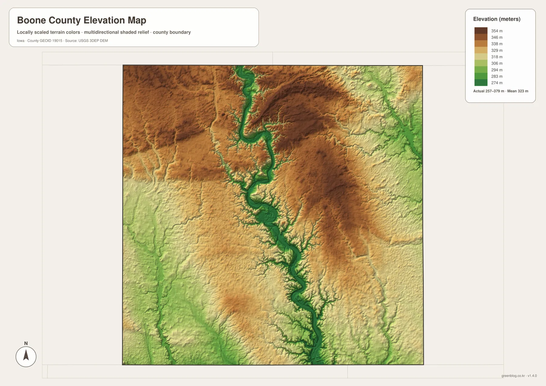 Boone County elevation map showing lower terrain along the Des Moines River and higher surrounding uplands