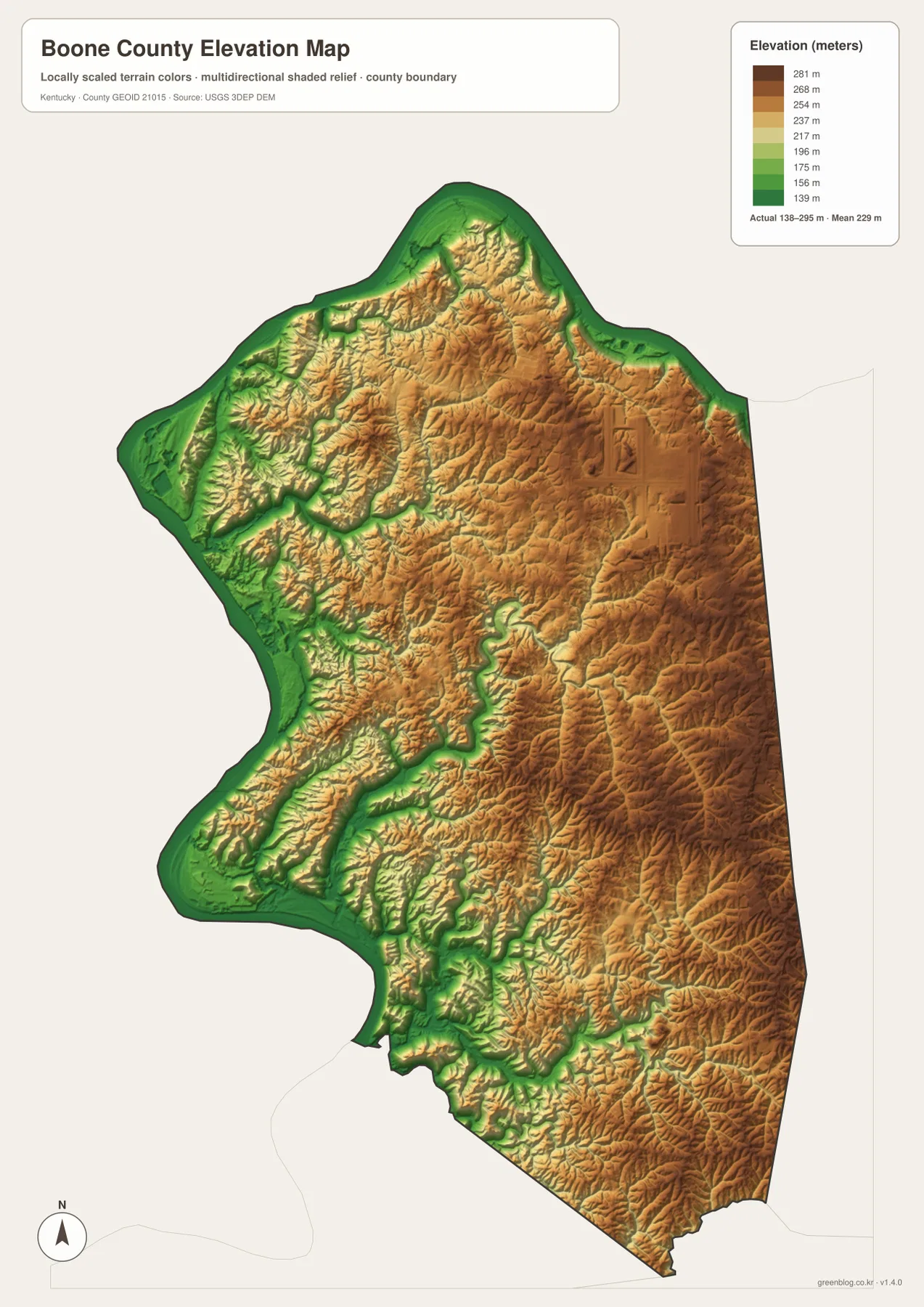 Boone County Kentucky elevation map showing 138 to 295 meter relief, Ohio River lowlands and higher eastern hills