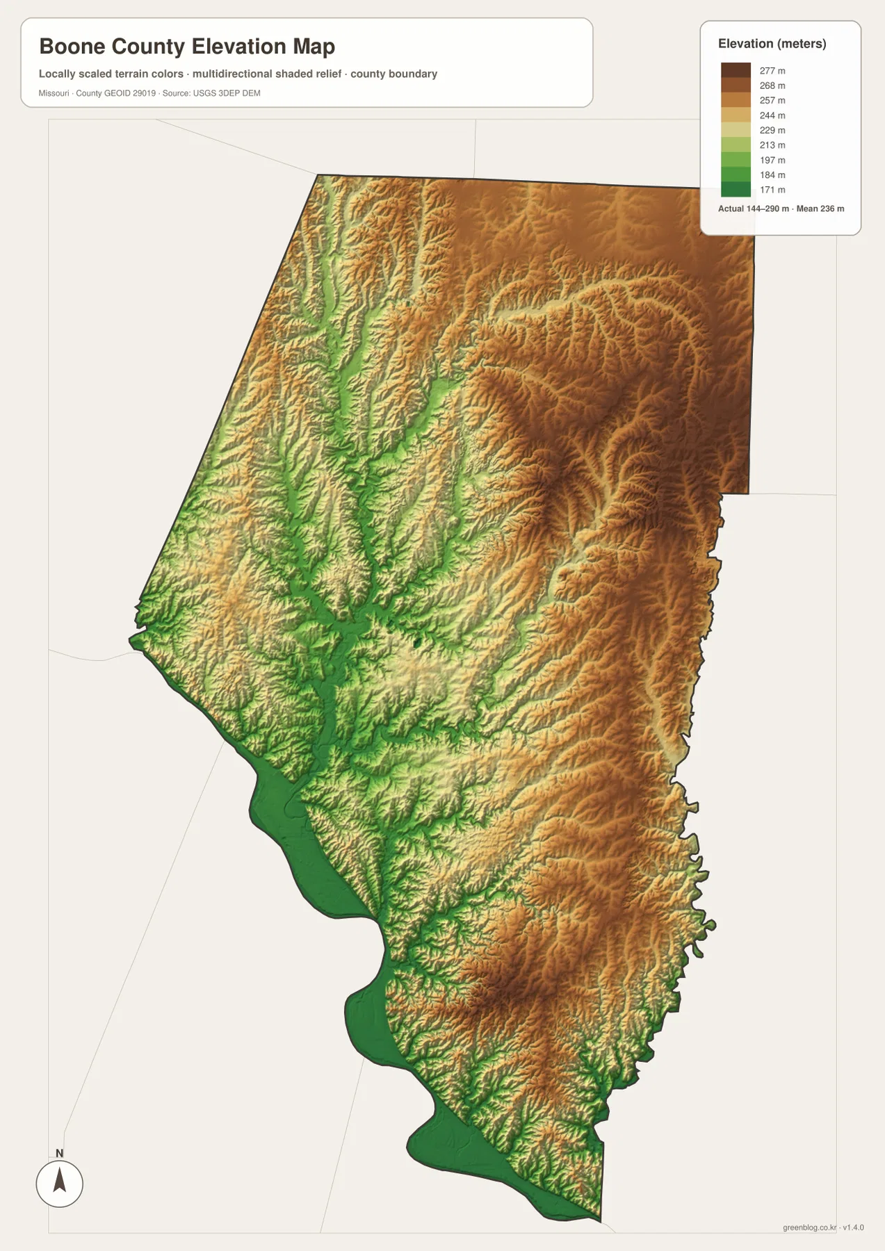 약 144~290m 범위에서 Missouri River 저지와 북부·동부 구릉을 색으로 표시한 Boone County 고도 지도
