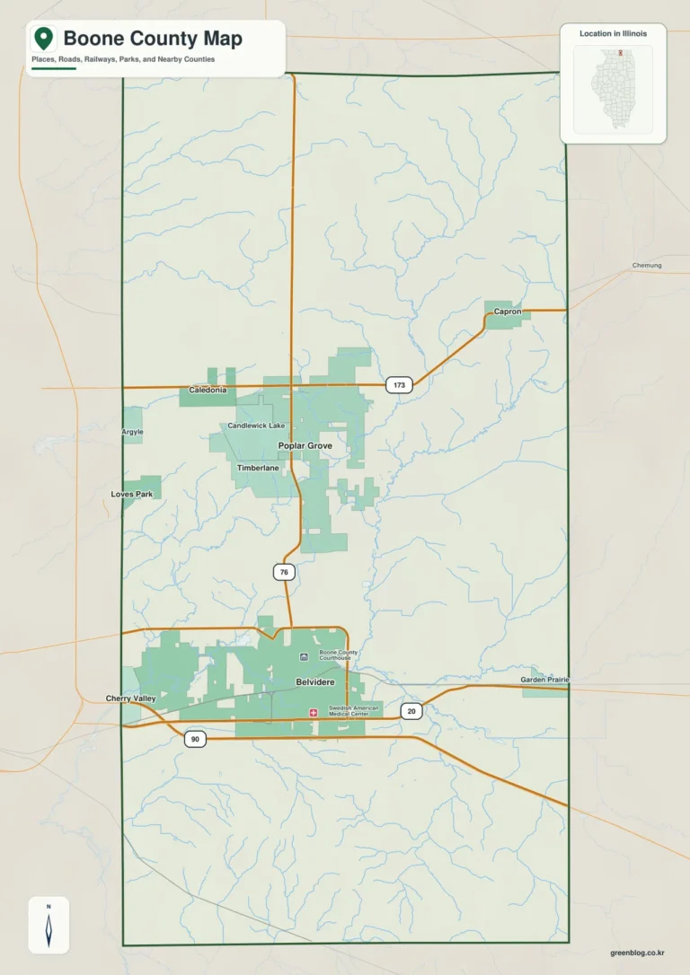 일리노이주 분 카운티(Boone County) 지도 – Belvidere·Kishwaukee River와 북부 구릉