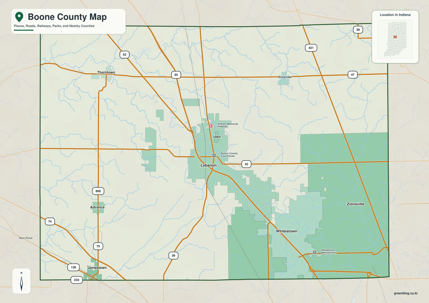 인디애나 Boone County 기본 지도에서 Lebanon, Zionsville, Whitestown, Thorntown, Jamestown과 주요 도로를 표시한 모습