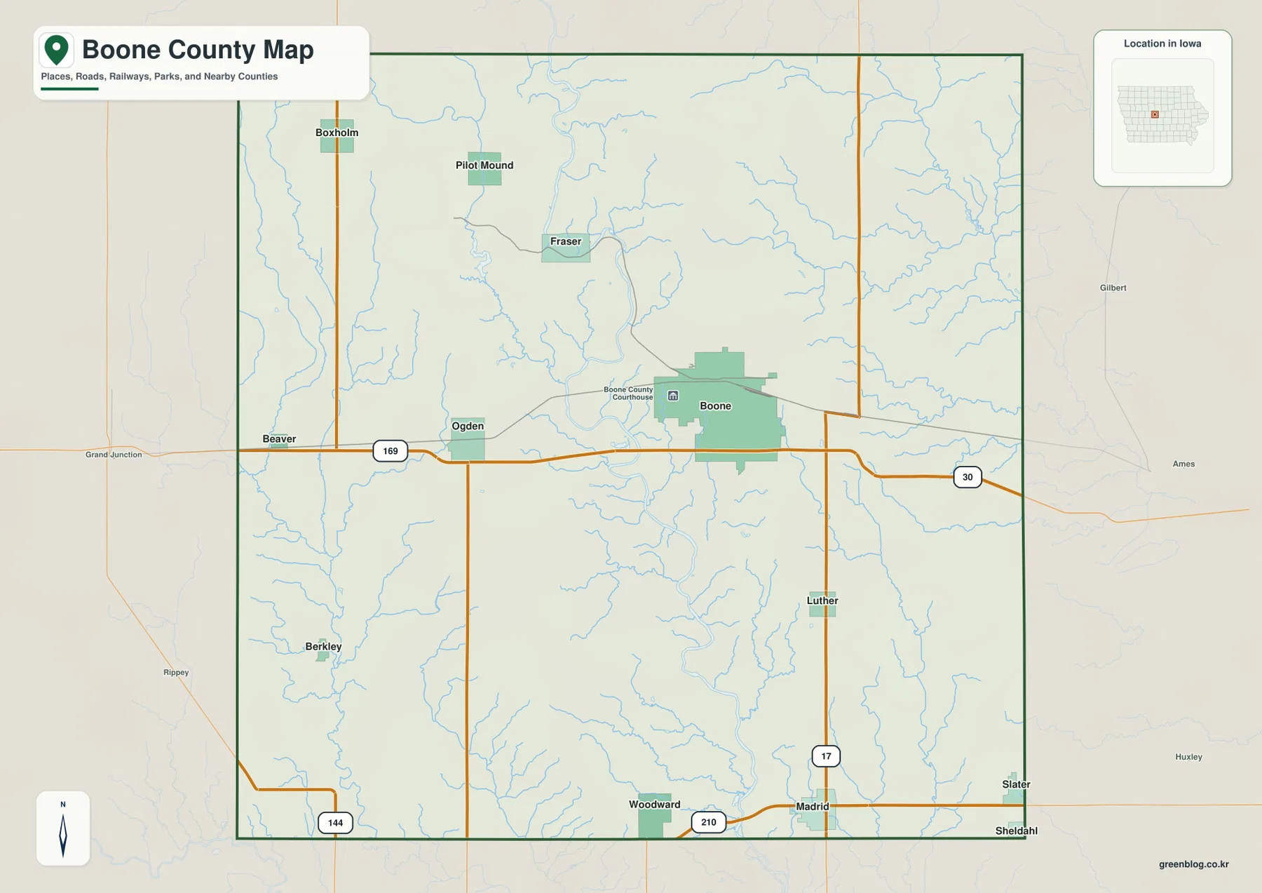 Boone County Iowa map with Boone, Ogden, Madrid, county boundary, and major highways