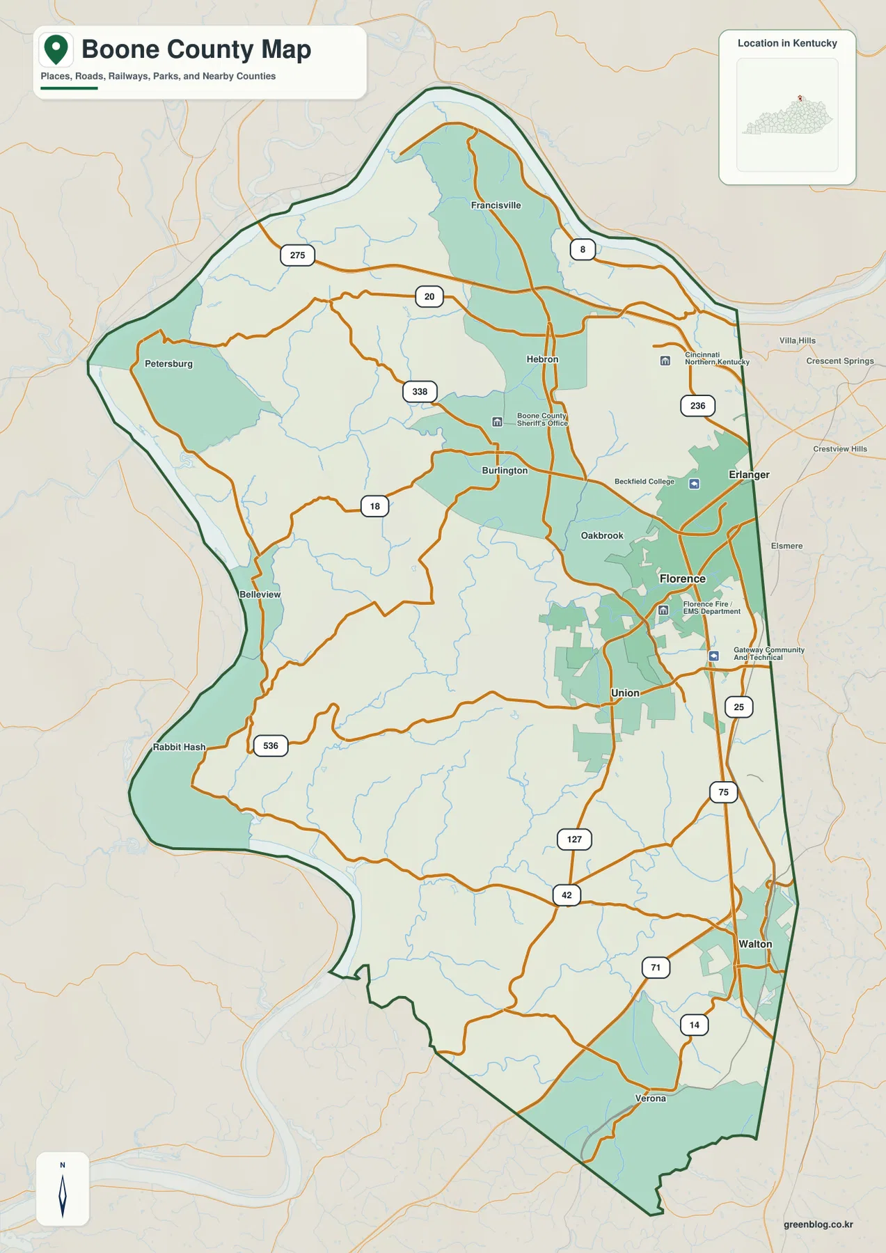 Boone County Kentucky map showing Florence, Burlington, Union, Walton, Hebron, I-275 and major routes