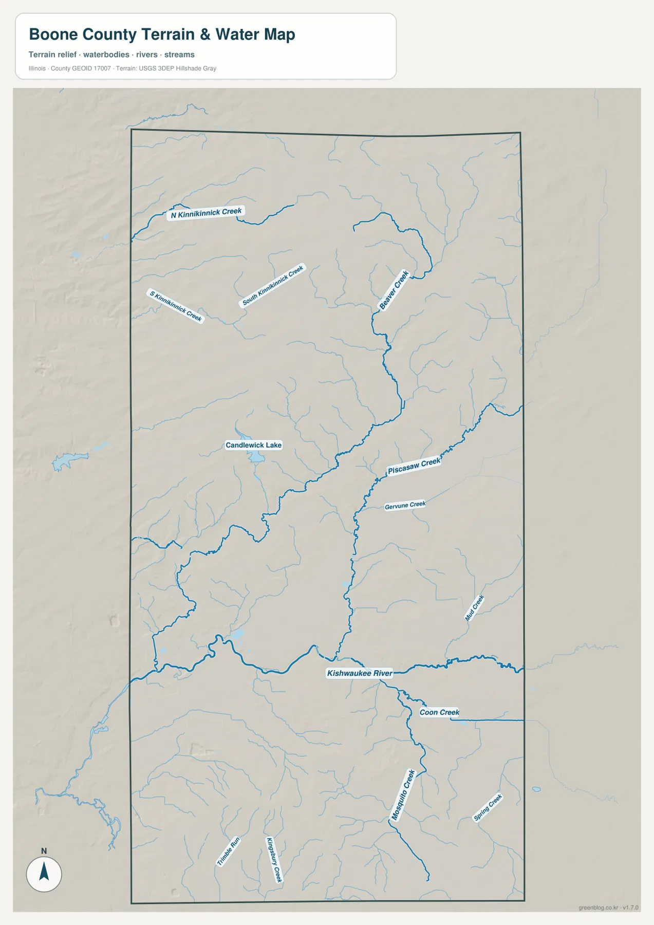 Kishwaukee River, North and South Kinnikinnick Creek, Beaver Creek, Piscasaw Creek, Candlewick Lake와 여러 지류를 보여 주는 분 카운티 수역 지형 지도